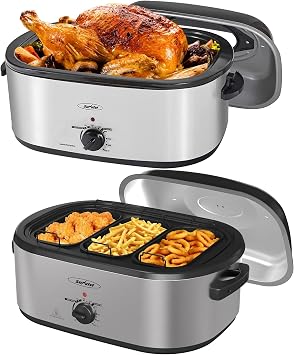 30lb 26-Quart Roaster Oven With Viewing Lid and 20 QT Removable 3-bin Buffet Server, Turkey Roaster With Unique Defrost/Warm Function, Silver