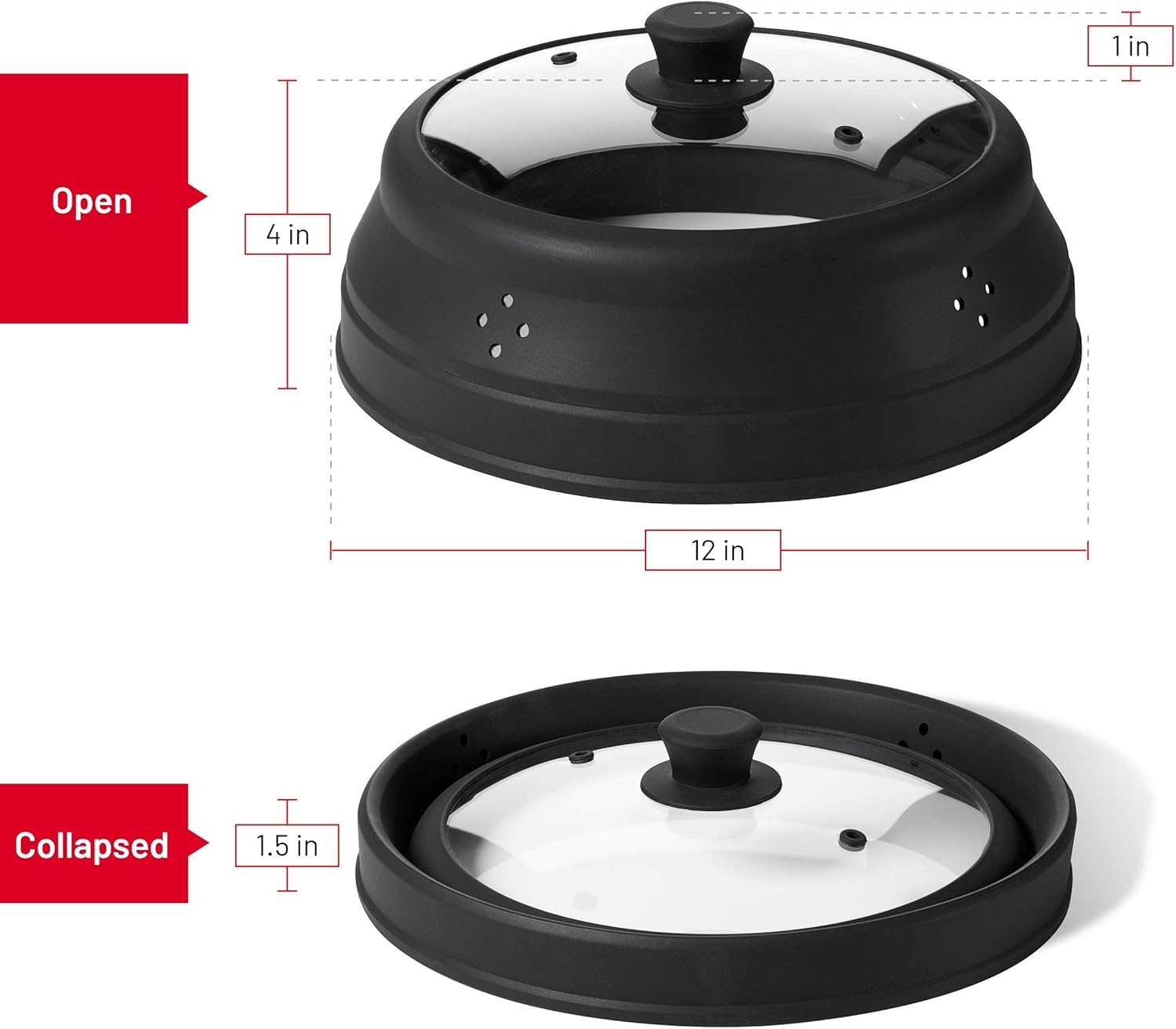 Bezrat Vented, 12-inch Collapsible Microwave Plate Cover for Food, Black - Silicone and Glass Splatter Guard Lid - Fits Plates, Bowls and Meal Prep Containers up to 11.8 x 4 Inch (Black)