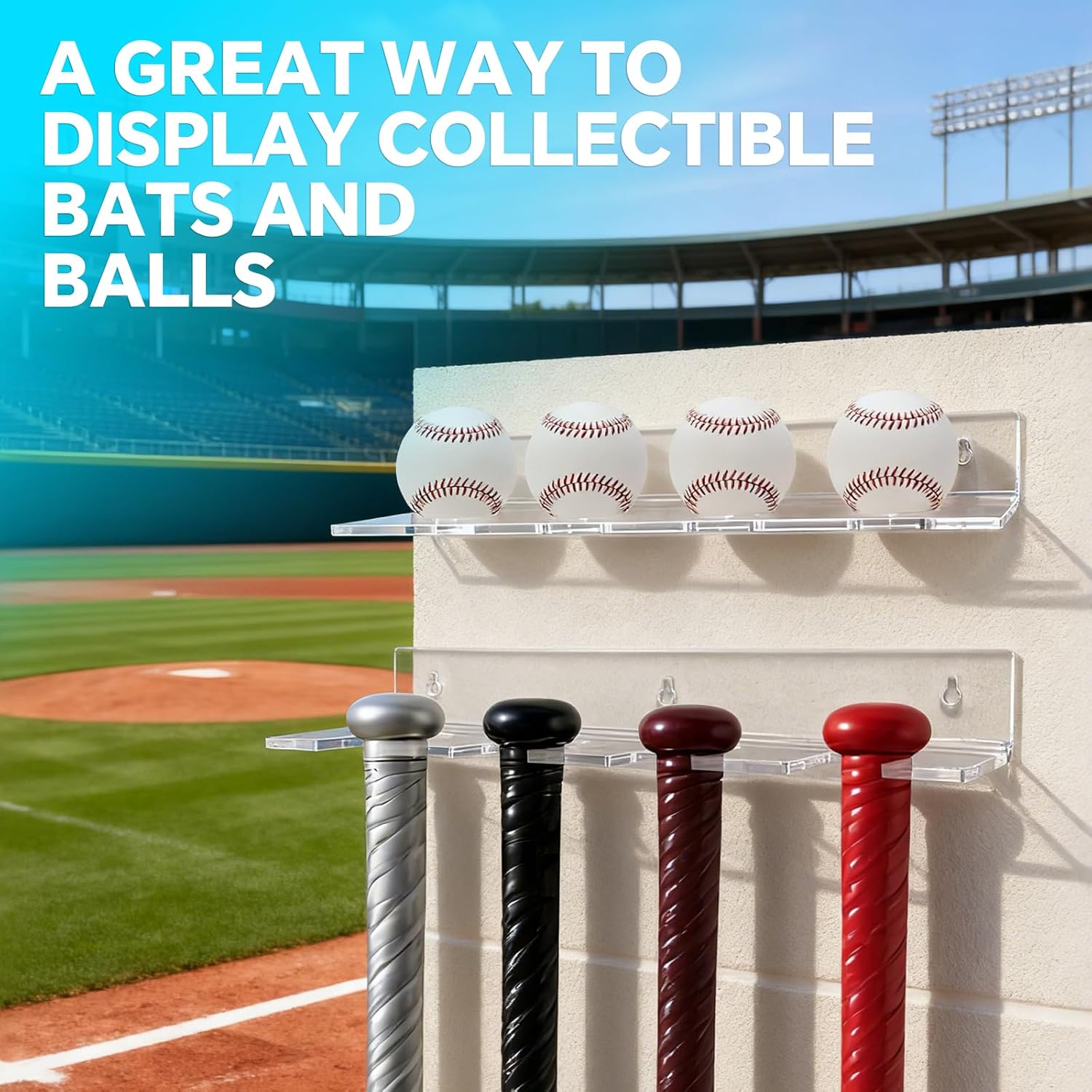 Acrylic Baseball Bat Holder and Baseball Display Wall Mount Floating Shelf, Vertical Hanging Organizer 4 Sets of Baseballs and Bats (Clear)