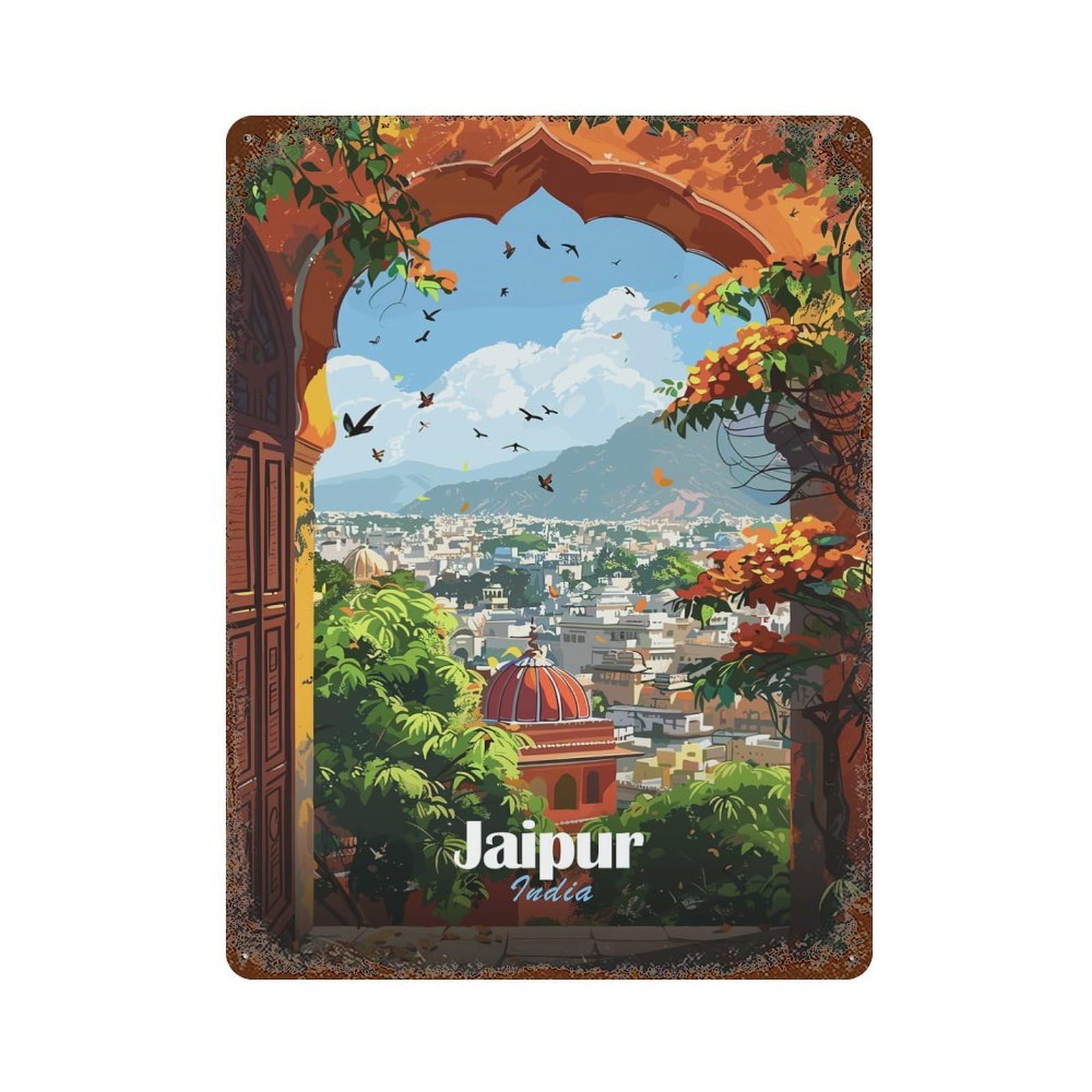 Jaipur, India Cityscape Through Archway Rust Effect Tin Sign 15.7"x11.8", Farmhouse Wall Decor for Farmhouse, Kitchen And Entryway Decor