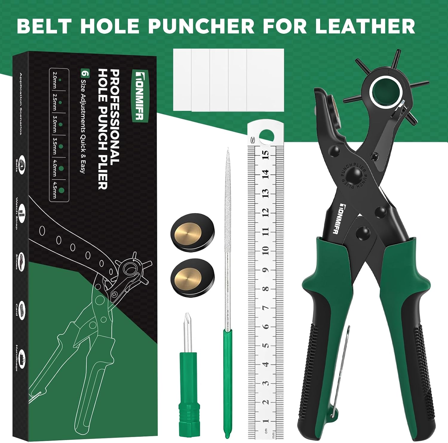 Professional Leather Hole Punch Plier - Tonmifr Heavy Duty 6 Sizes Belt & Watch Band Hole Puncher Tool, Leather Craft Tool for Belts, Handbags, Straps, Precision Ground Punches with Non-Slip Grips