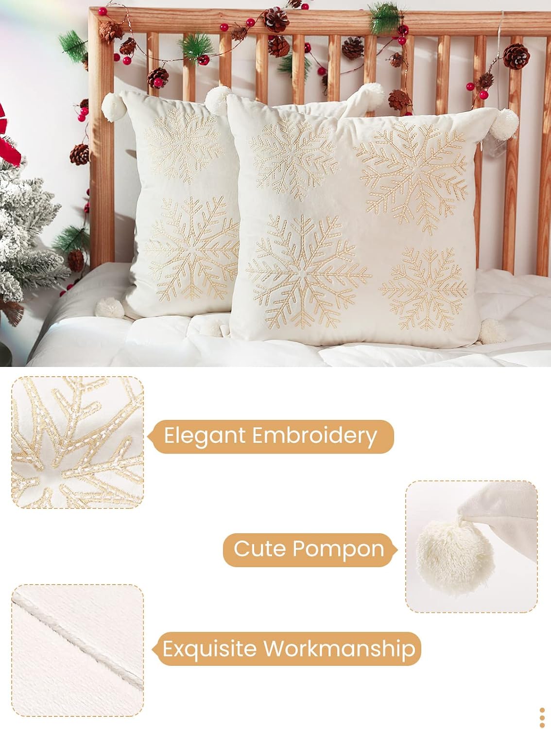 Lewondr Christmas Throw Pillow Covers, Snowflake Embroidery 20x20 Pillowcases Home Xmas Gold Decorative 2 Pack Cushion Covers Soft for Sofa Bed Chair, White&Yellow