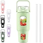 BLUEGO 40 oz Glass Water Bottles with Straw Time Marker, Glass Tumbler with Handle Top Lids, Easy to Clean, Fits in Car Cup Holder, Leakproof Jug for Gym, Sports, Workout & Daily, Green