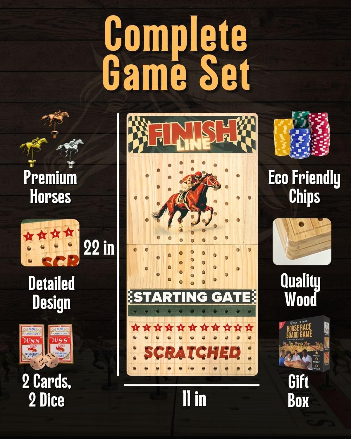 Horse Racing Board Game - Large 22 Inches Folding Horse Race Game Board Adult - Exciting Family Racing Set with Built-in Storage for Premium Chips, 2 Sets of Cards, 2 Dice, and 11 Metal Derby Tokens