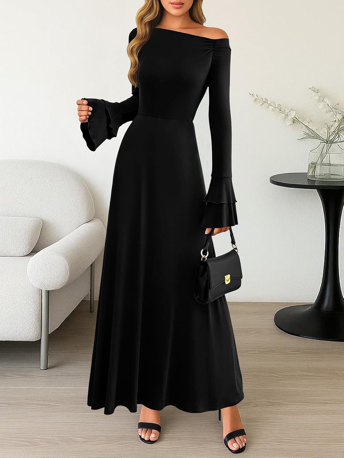 chicyes Womens Dresses Formal Off The Shoulder Long Sleeve Ruched Knit A-Line Maxi Wedding Guest Dress - Image 7
