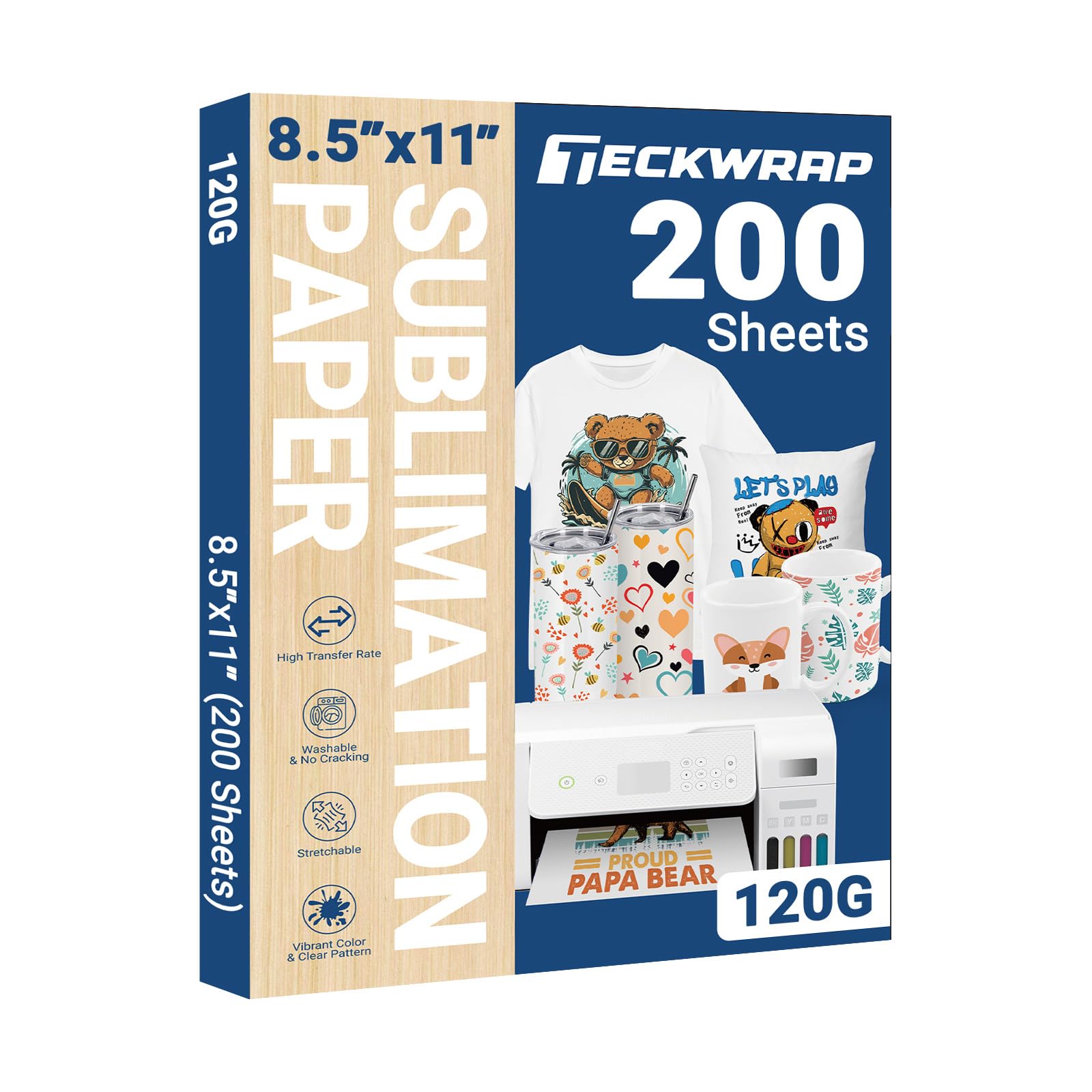 TECKWRAP Sublimationspapier, 21,6 x 27,9 cm, 200 Blatt, kompatibel mit Sublimationsdrucker und Sublimationstinte, 120 g/m², für Tassen, T-Shirts, leichte Stoffe und andere Sublimationsrohlinge zum
