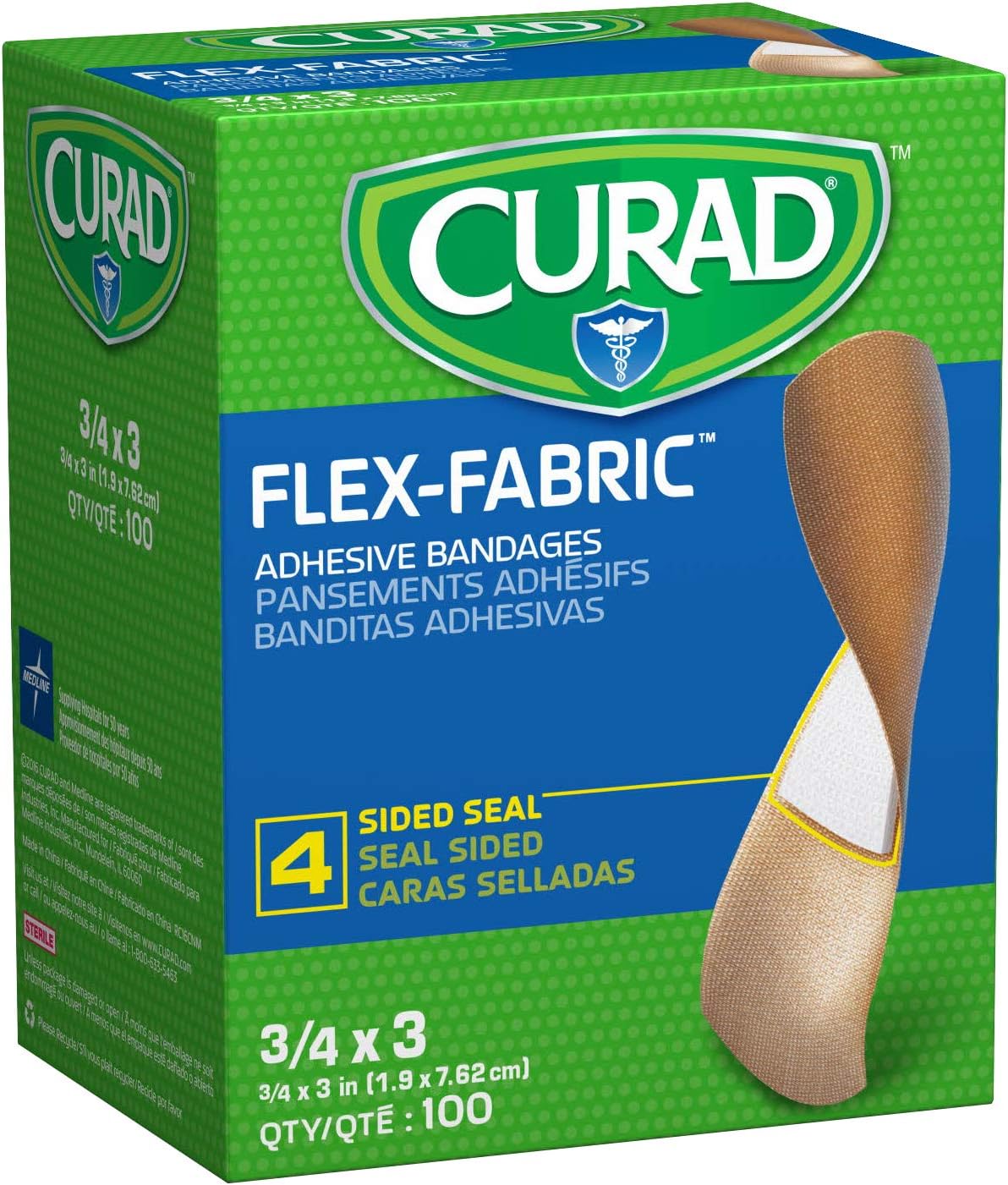 CURAD Flex Fabric Adhesive Bandages, Bandage Size is 3/4" x 3", ALL ONE SIZE, (Box of 100)