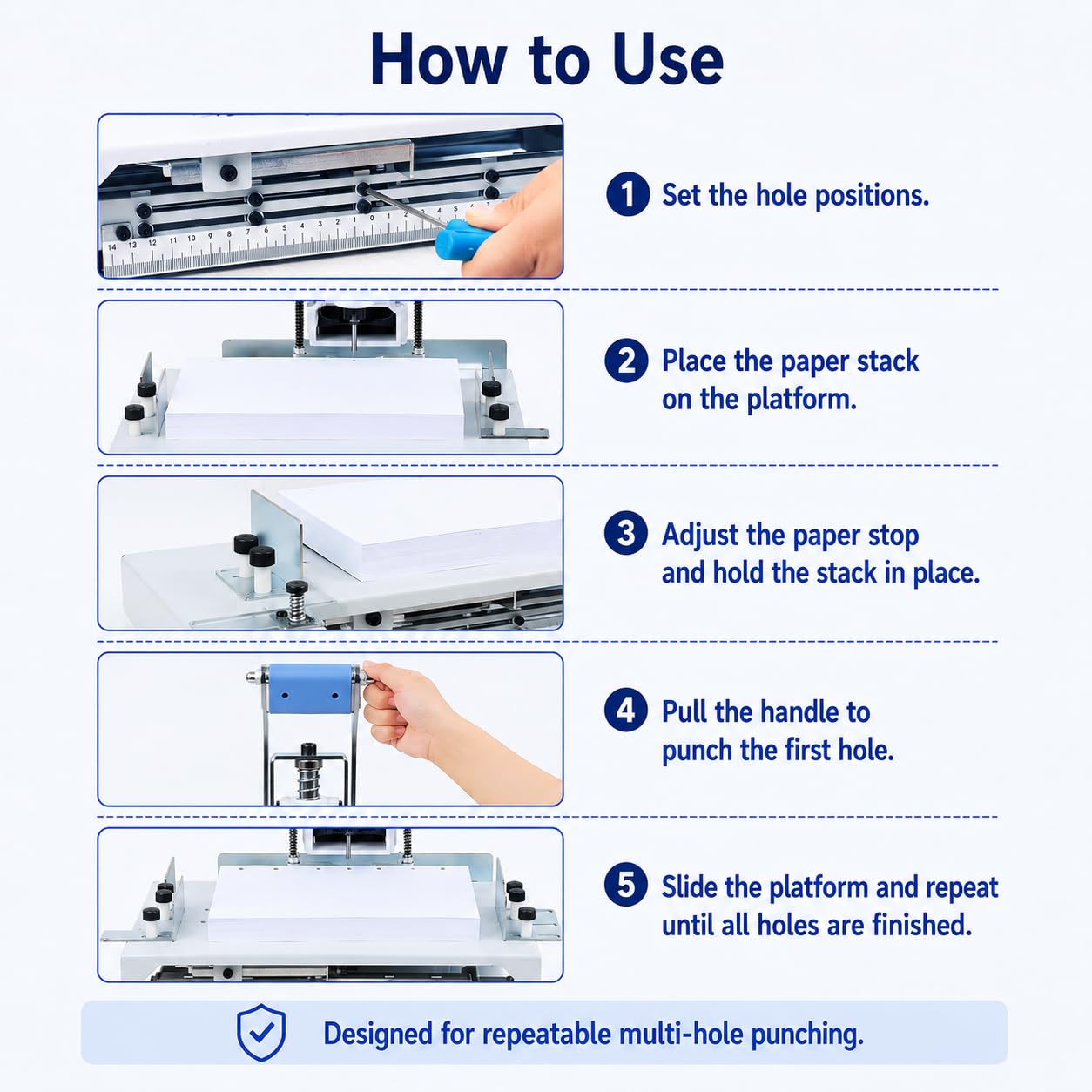 TsoLay Perforatrice Robusta, Punzonatrice Manuale con Dispositivo 1-5 Fori, Piattaforma Mobile di Posizionamento A4, capacità 30mm, Margine Regolabile 8-30mm, per Casa, Scuola e Uso Professionale