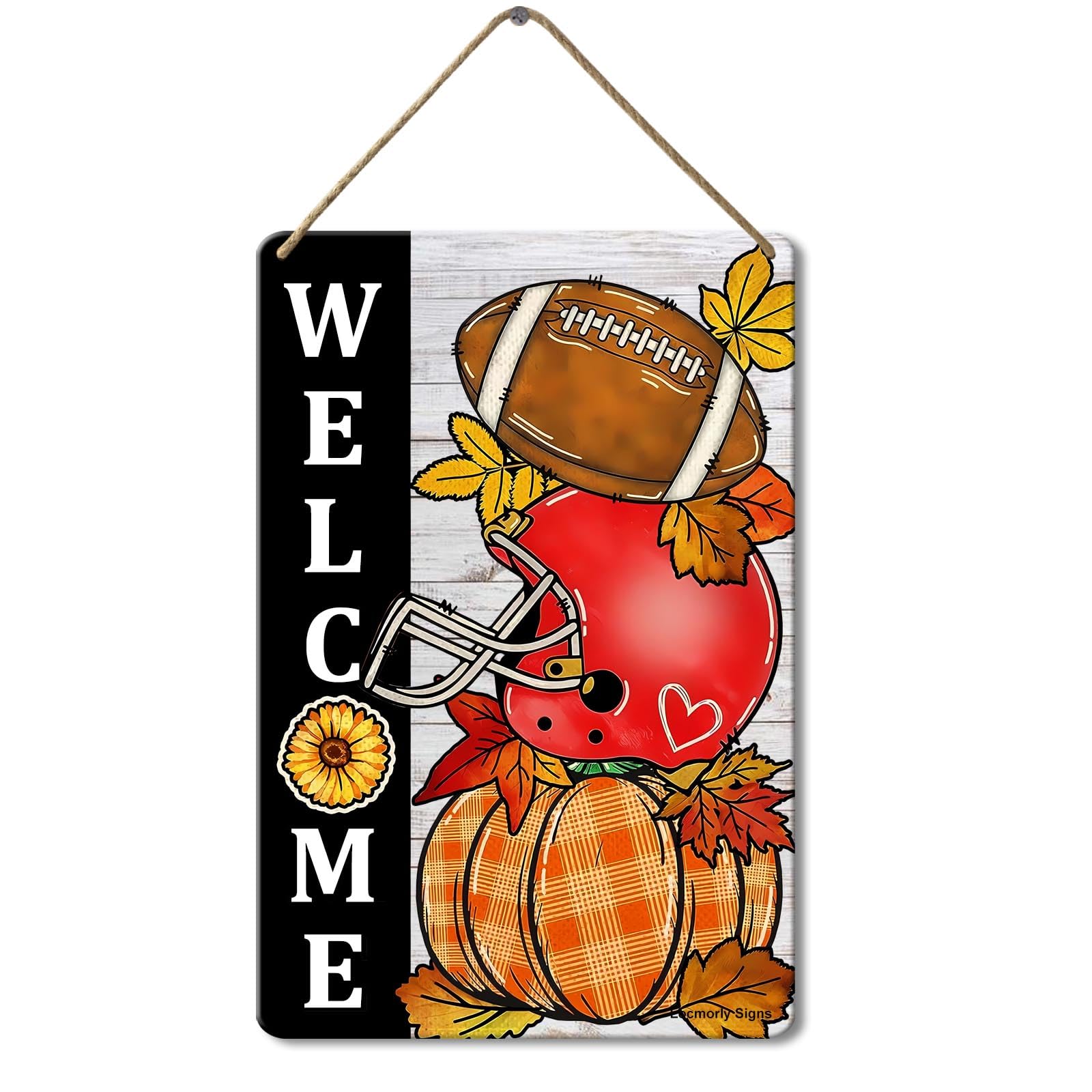 Fall Football Welcome Garden Wooden Sign, 8x12 Inch, Farmhouse Pumpkin Autumn Wall Decor Signs