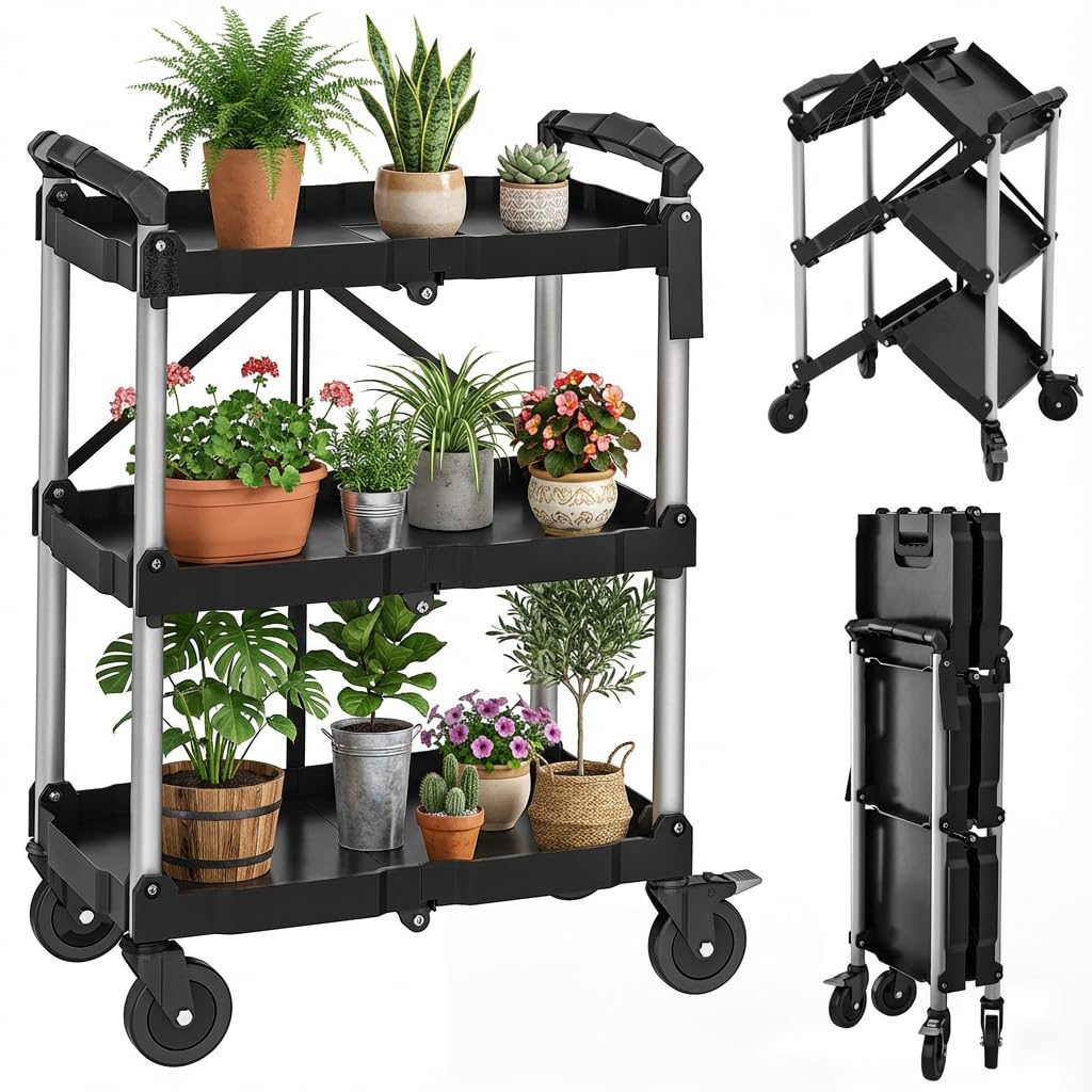 YITAHOME 350 LBS Folding Utility Service Cart, 3 Tier Foldable Cart with Wheels Collapsible Cart on Wheels with 360°Swivel Wheels (2 with Brakes), Portable Cart for Home Garage Restaurant Office