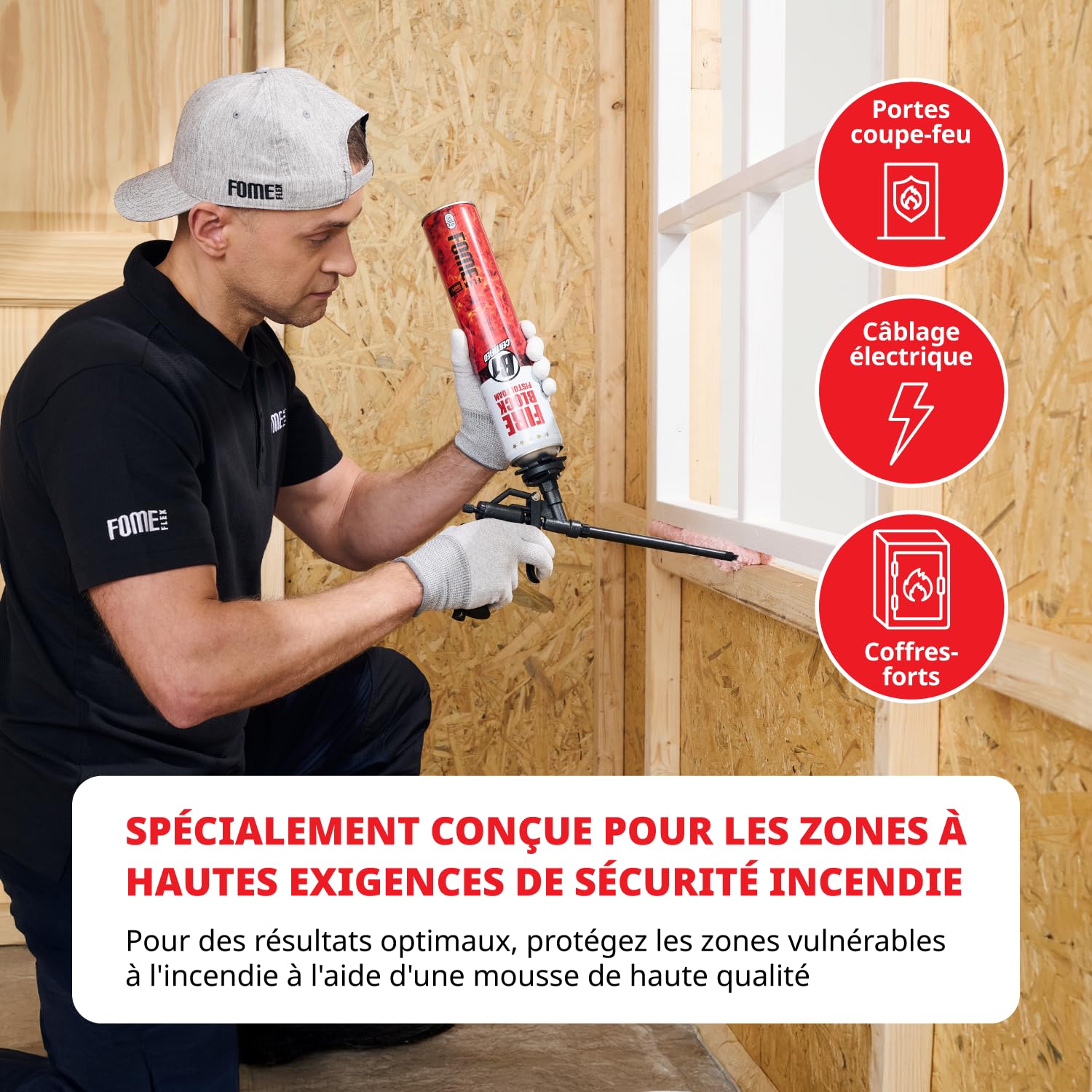 Mousse polyuréthane coupe-feu FOME FLEX Fire Block – pistolable, haute résistance, joints minéraux & métalliques – 12 x 750 ml, résistance au feu jusqu’à 240 min, étanchéité fumée & gaz