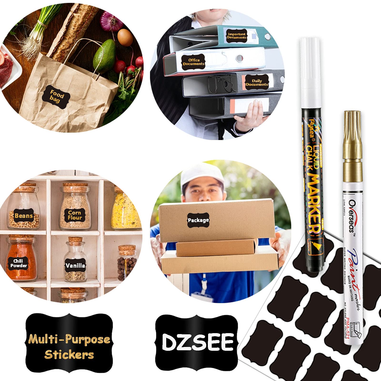 Schoolbord Stickers, DZSEE ® Waterdichte Etiketten Zelfklevend, Zwarte Stickers voor etikettering, etikettering voorraadblikken, etiketten voor flessen, etiketten keuken | Bloemen|144 2 Pennen