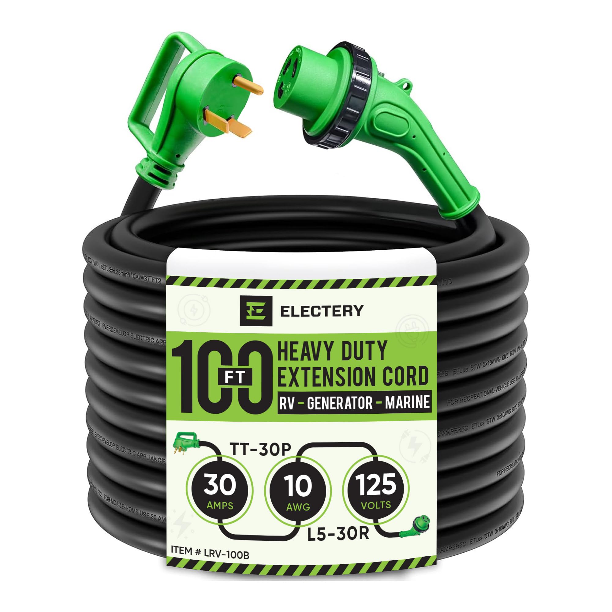 ELECTERY 100 Foot 30 Amp RV Extension Cord, Heavy Duty 10 AWG Twist Locking TT-30P to L5-30R with Grip Handle, Outdoor Weatherproof, ETL Listed