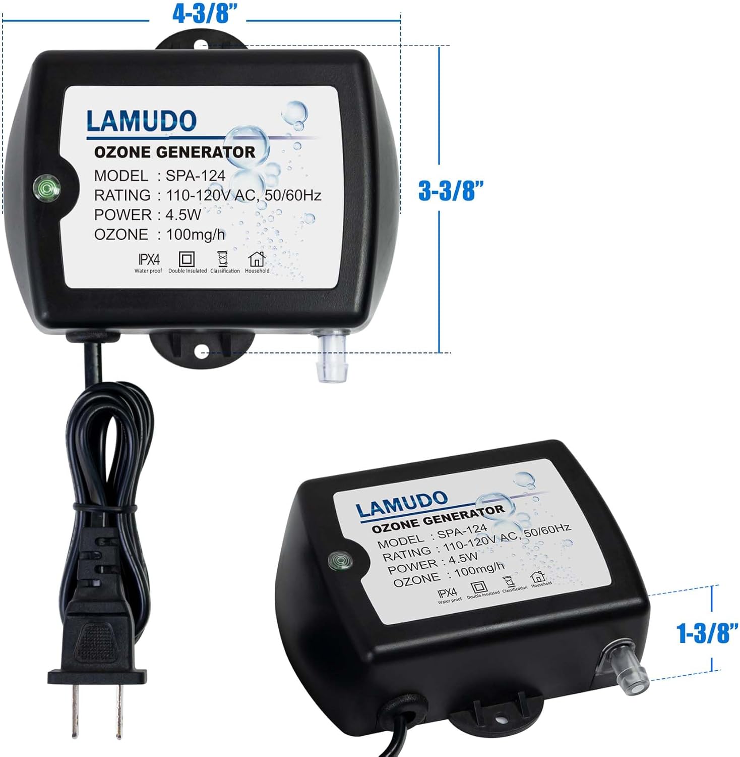 Ozone Generator for Hot Tubs and Cold Plunge, 100 mg/h, Upgraded SPA-124 Spa Ozonator Kit for Swim Spas, Portable Mini Ozone Machine with Check Valve and Tubes, 110-120V AC(NEMA 1-15 Plug)