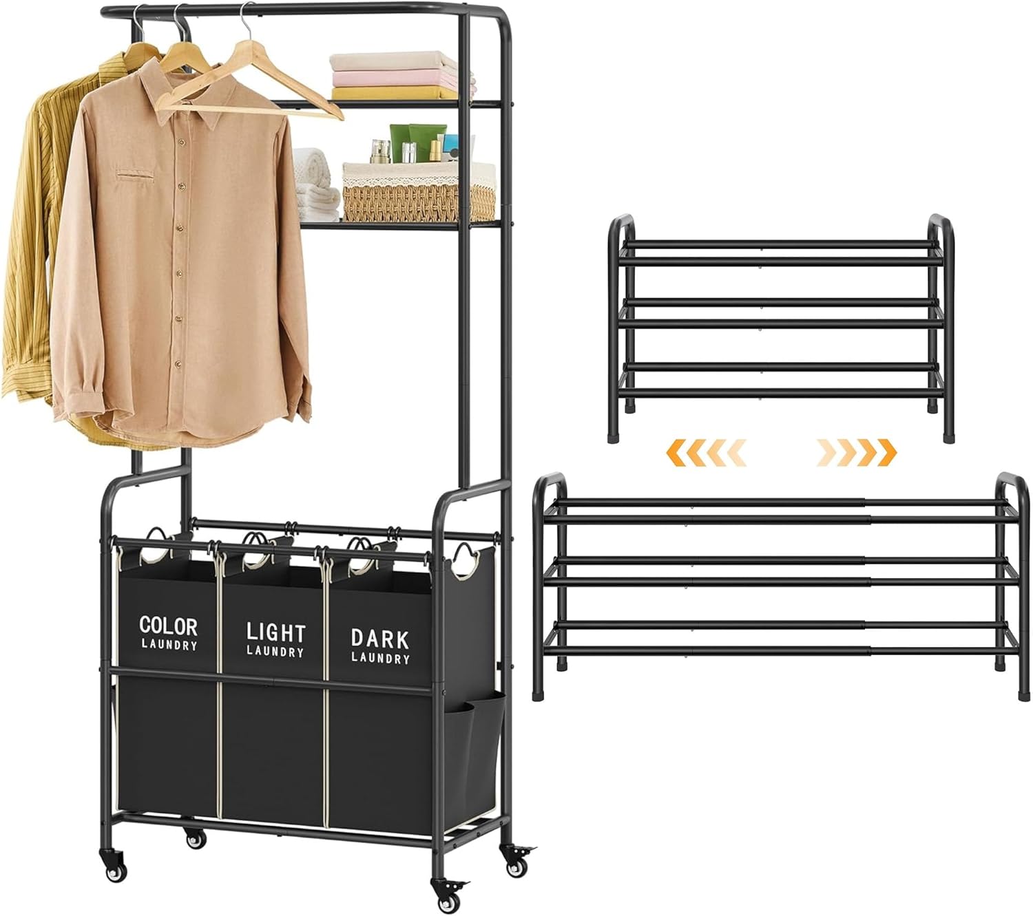 One 3 Section Laundry Sorter, one 3 Tier Shoe Organizer, Laundry Hamper Cart with Hanging Rack & Removable Bags, 28“ Shoe Organizer Can Expandable to 42“, for Bedroom, Entryway, Closet