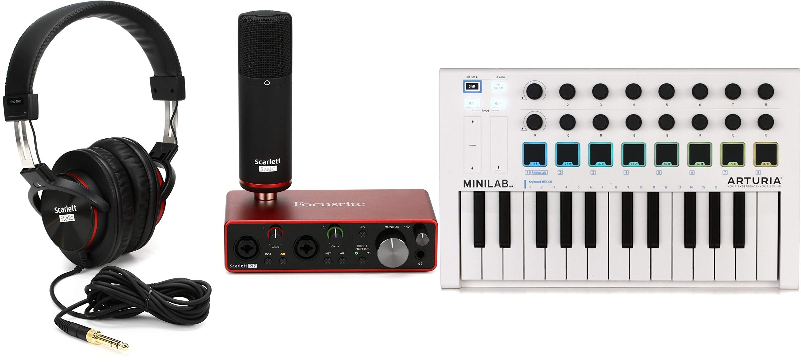 Arturia MiniLab MkII 25 Slim-key Controller + Focusrite Scarlett 2i2 Studio 3rd Gen Recording Bundle