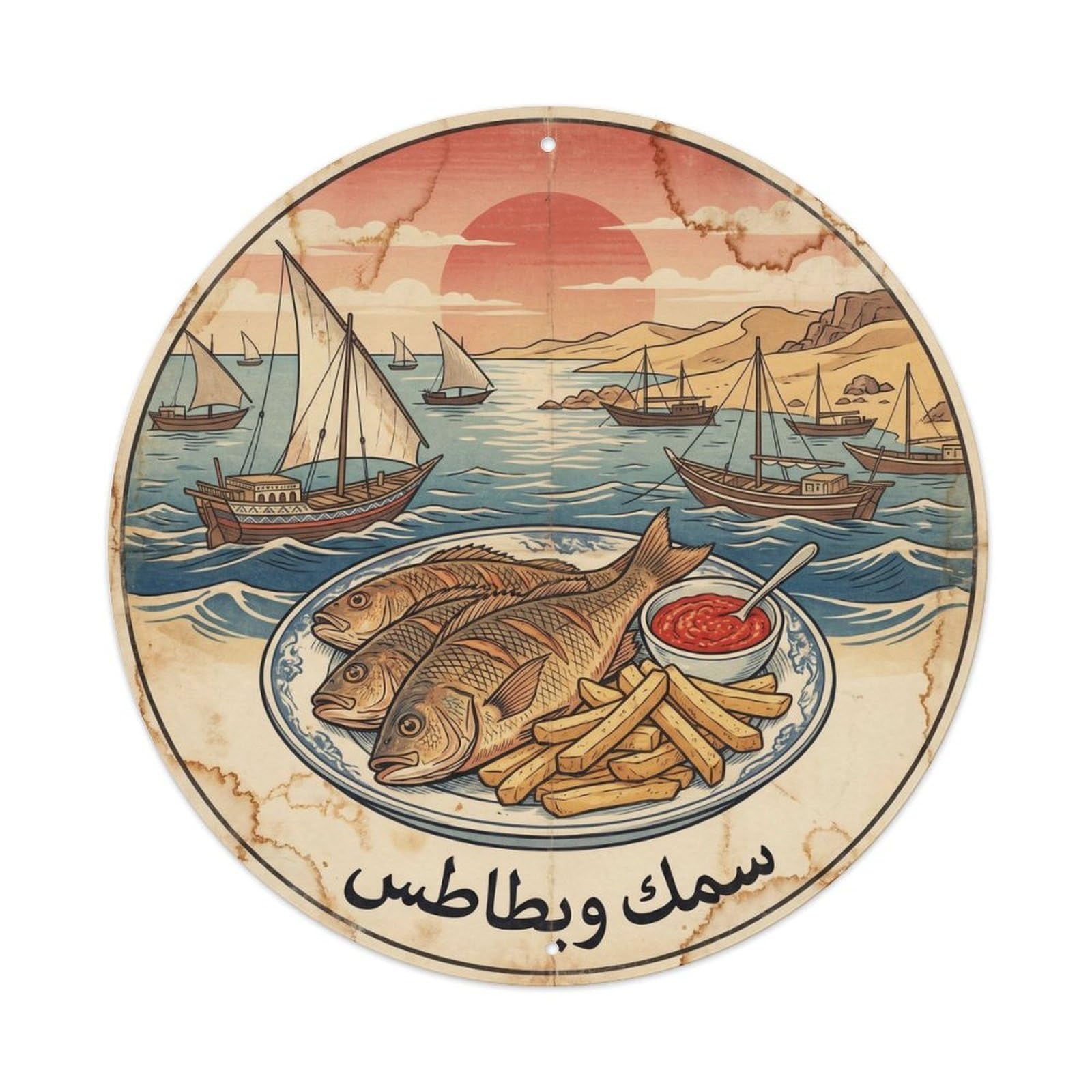 Seafood Chips Takeaway Culture Heritage Woodblock Sudan Metal Tin Sign