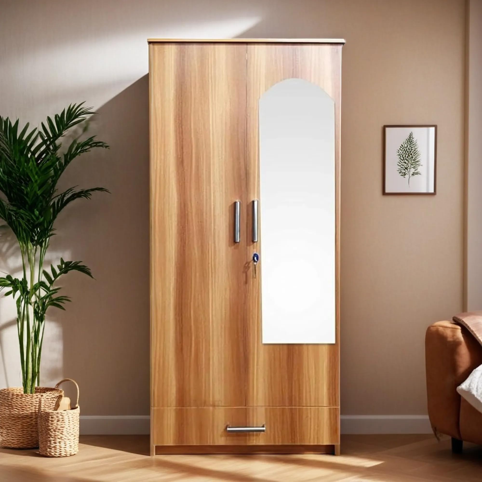 CASPIAN Engineered Wood Multipurpose 2 Door Wardrobe with Mirror | Wardrobe with 3 Drawers and Lock, 4 Shelves and Hanging Space for Clothes (Siam Teak)-image-18