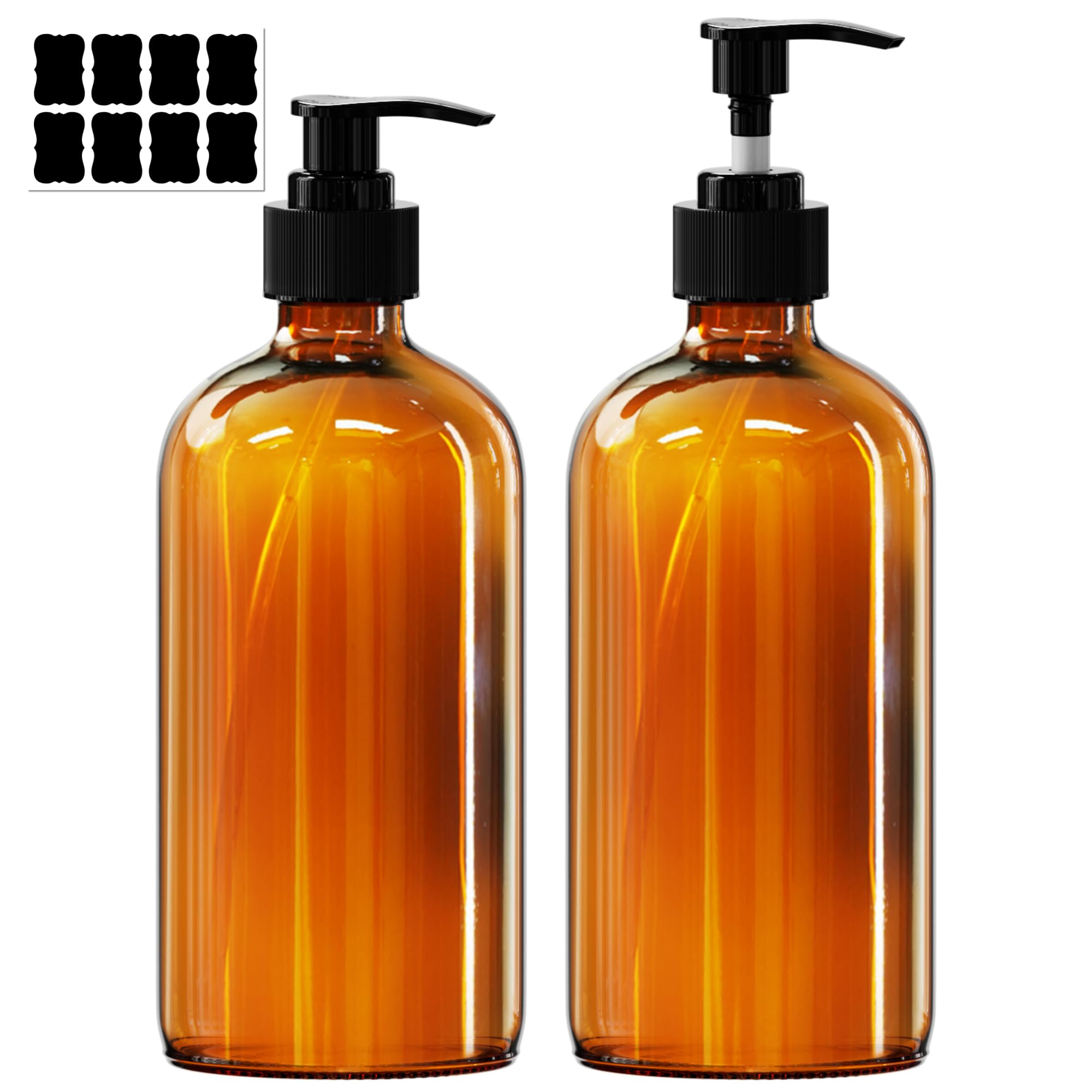PrettyCare Set of 2 16oz Amber Glass Bottles with Black Pumps - Leak-Proof, Refillable Empty Dispenser for Shampoo, Conditioner & Thick Liquids - with