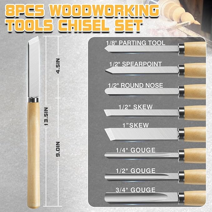 Juego de 8 Cinceles para Torno de Madera, Herramientas para Carpintería miniatura 2