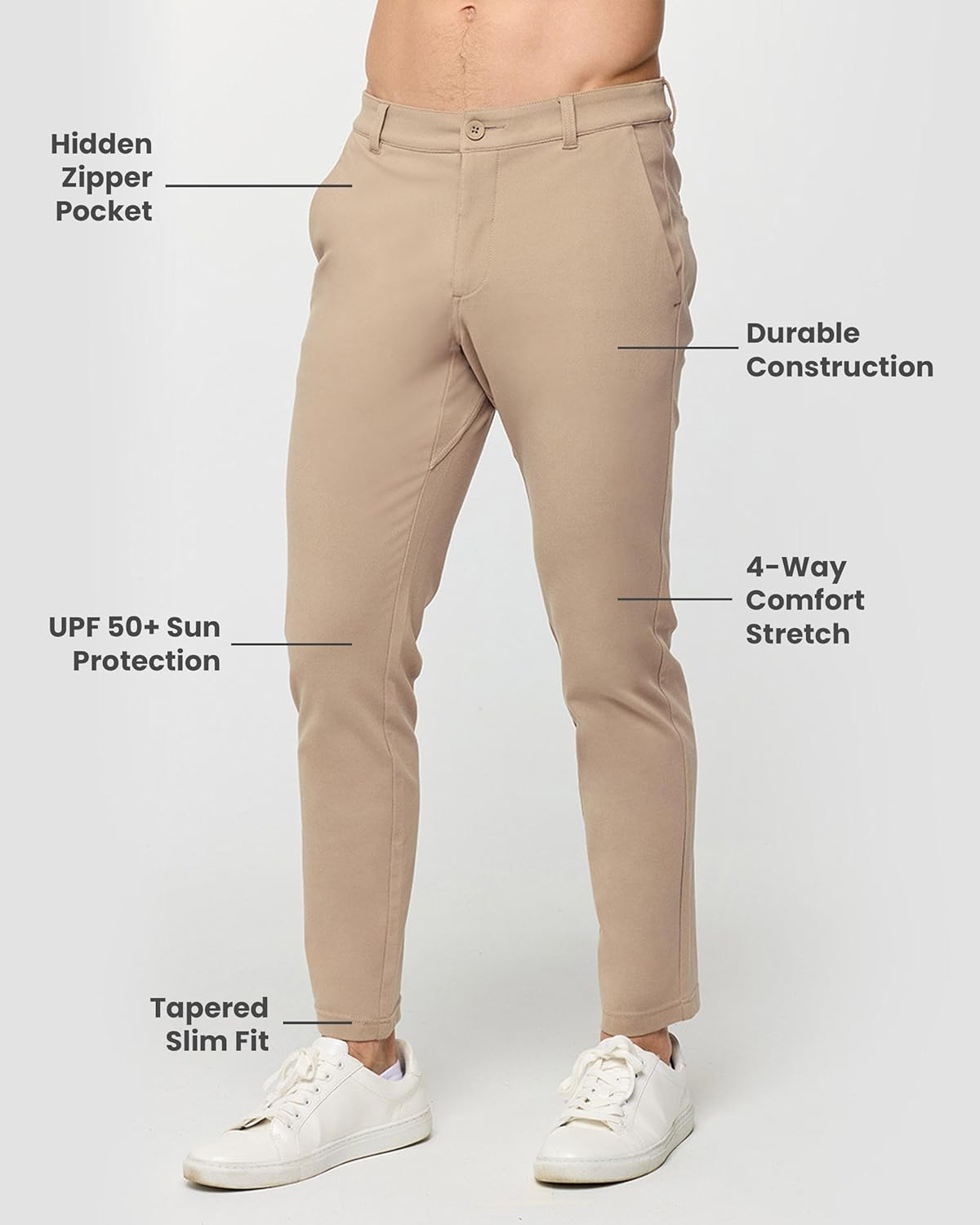 INTO THE AM Men's Casual Pants - Tapered Slim Fit Stretch Chinos Tech Travel Pants, Hidden Zipper Pocket, 30" & 33" Inseam - Image 3