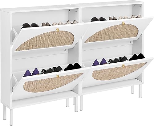 Juego de zapatero de ratán de 2 piezas, blanco, almacenamiento de zapatos de 2 cajones que ahorra espacio para la entrada