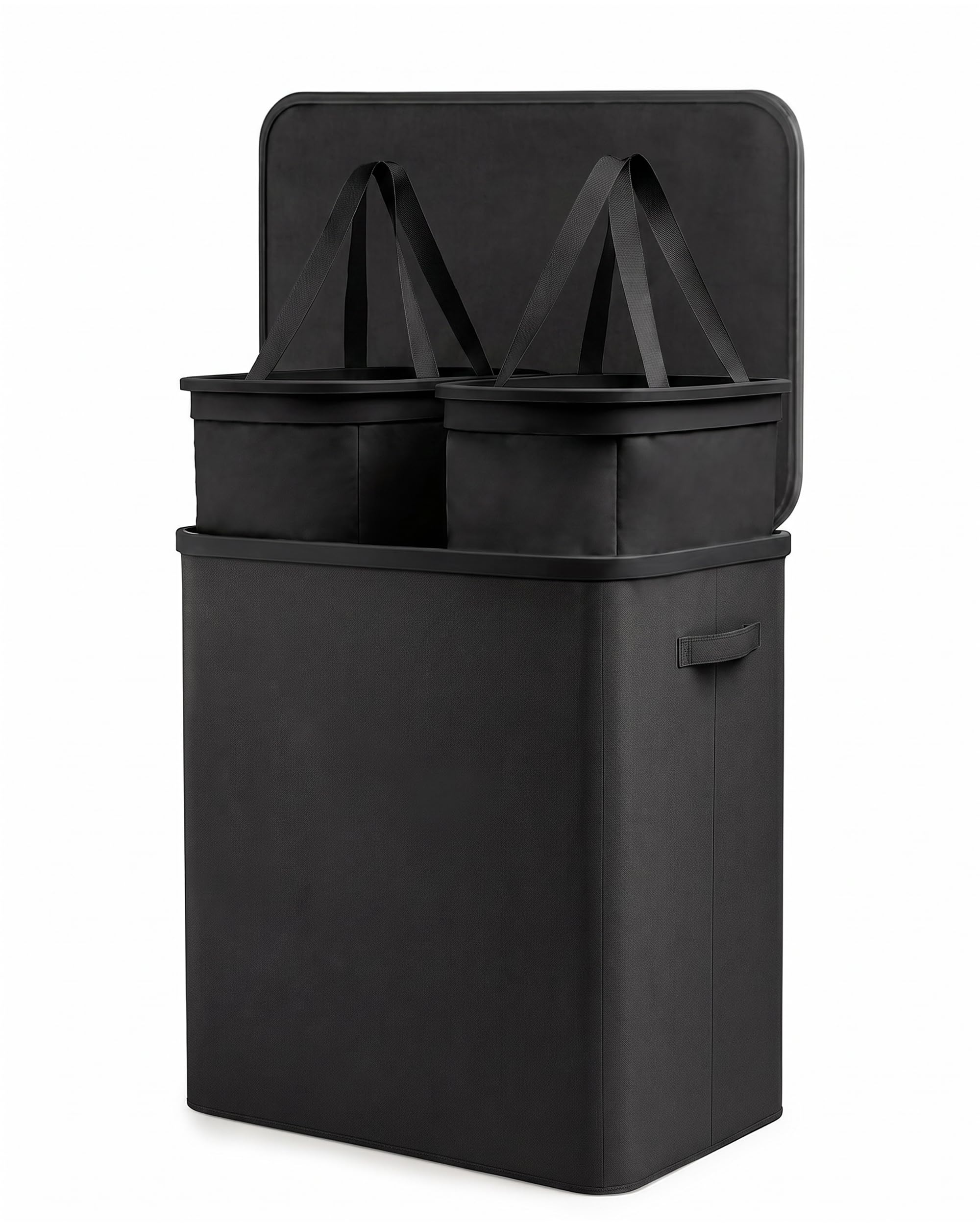 Keplin Double Laundry Basket with Lid, 150L 2 Compartment Hamper, Black | Collapsible Washing Basket, Lights & Darks Sorter, Removable Liner, 2 Carry Handles, Folds Flat, 56 x 40 x 67 cm