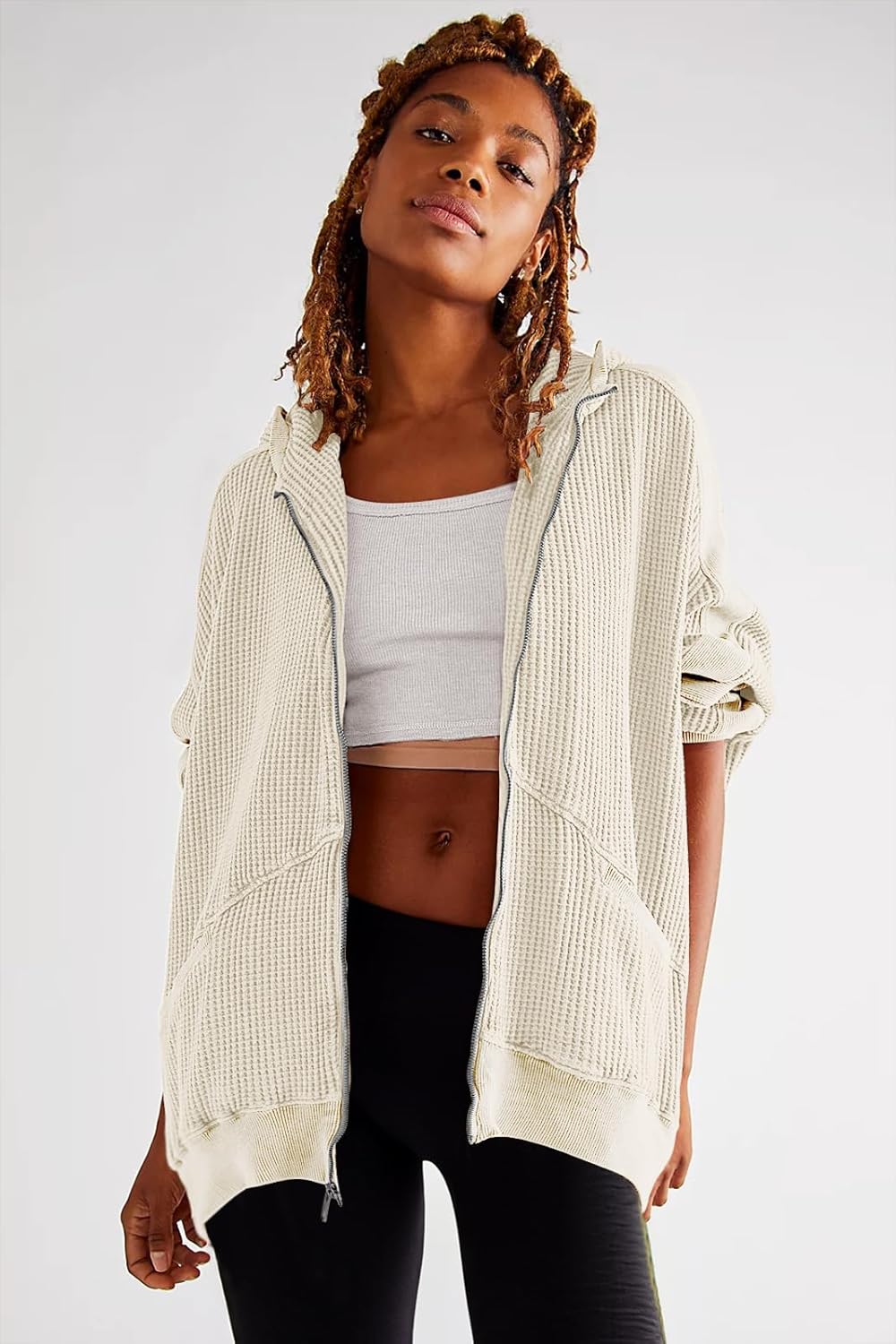 Womens Fashion Zip Up Hoodies Oversized Waffle Knit Jacket Shirts Long Sleeve Solid Shacket Blouse with Pockets - Image 3