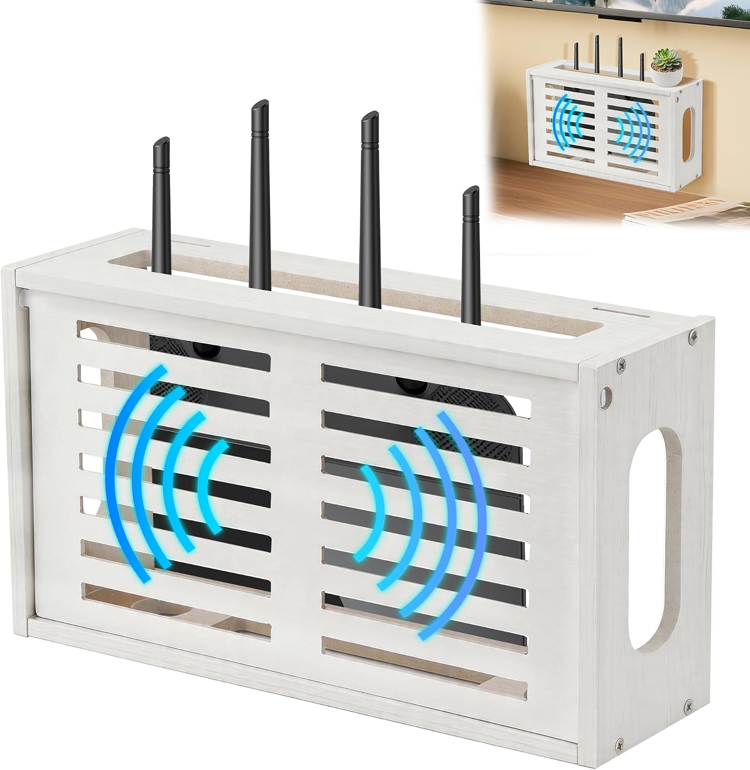 Router Shelf Wall Mount, WiFi Router Box Hider & Modem Storage Box with Cable Holes | Cable Management Organizer for Router, Modem, Power Strip | White, 13.9"x4.33"x7.68"