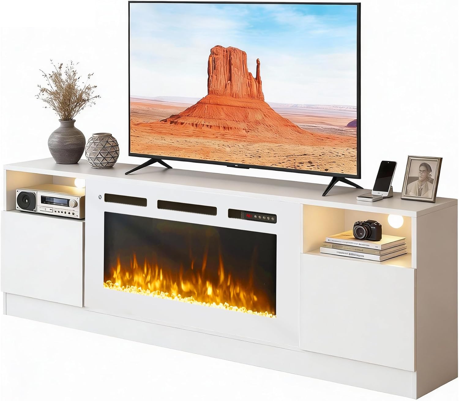 70" Fireplace TV Stand, LED Light Entertainment Center for TVs Up to 80", High-Gloss Door, Modern TV Console for Living Room with Storage Cabinet, White+White - Image 6
