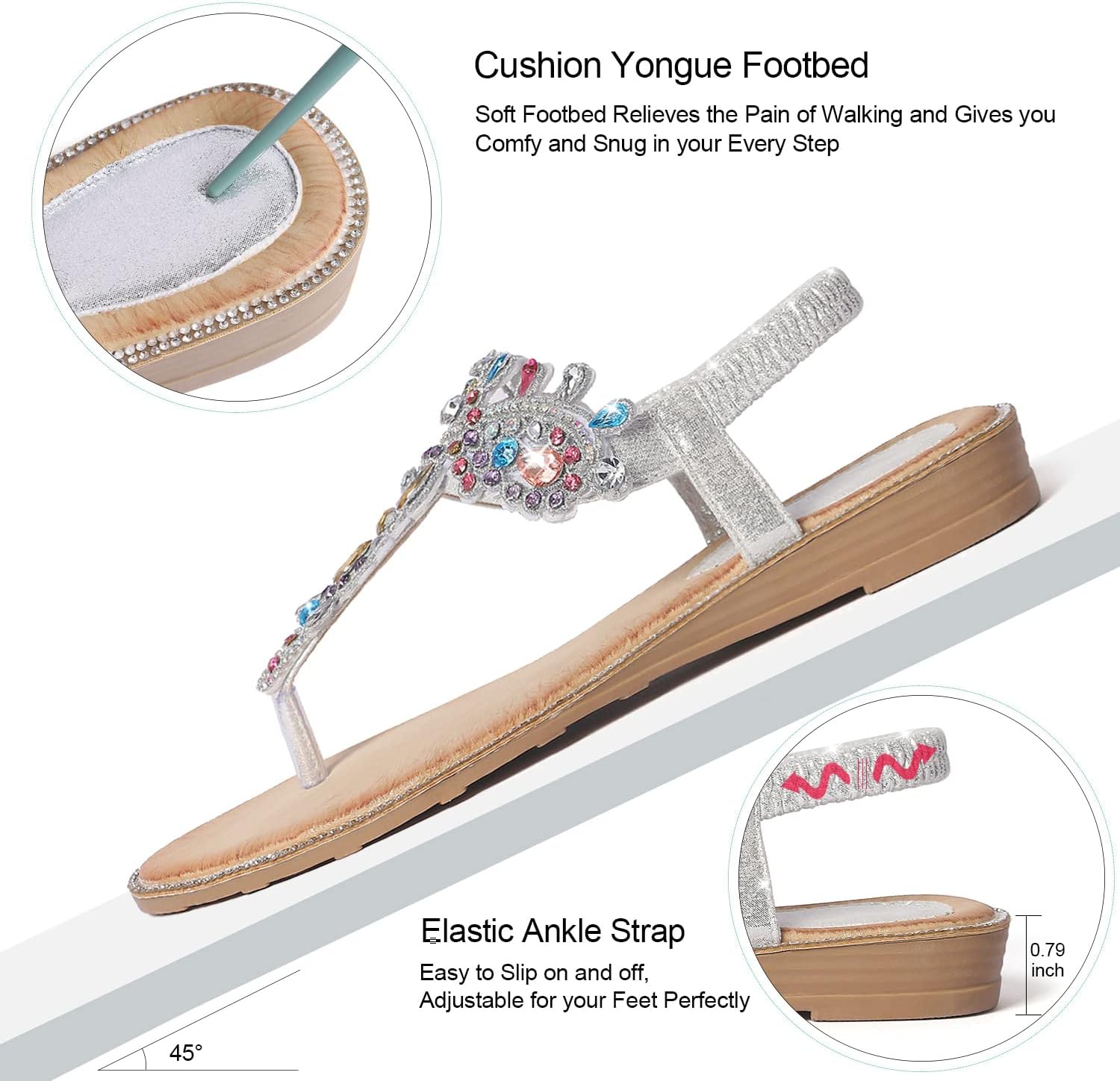 iCKER Women Rhinestone Sandals T-Strap Buckle Bohemian Pearl Crystal Flat Sandals - Image 4