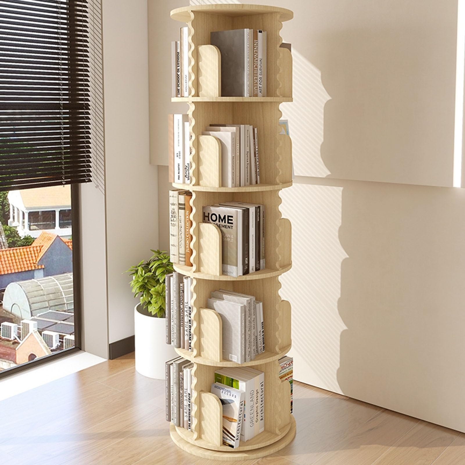 Libreria Girevole a Torre, scaffale portaoggetti Girevole a 6 Livelli, Porta CD in Legno da Pavimento per Piccoli spazi, per camere da Letto, soggiorni, Sale Giochi, 5 l