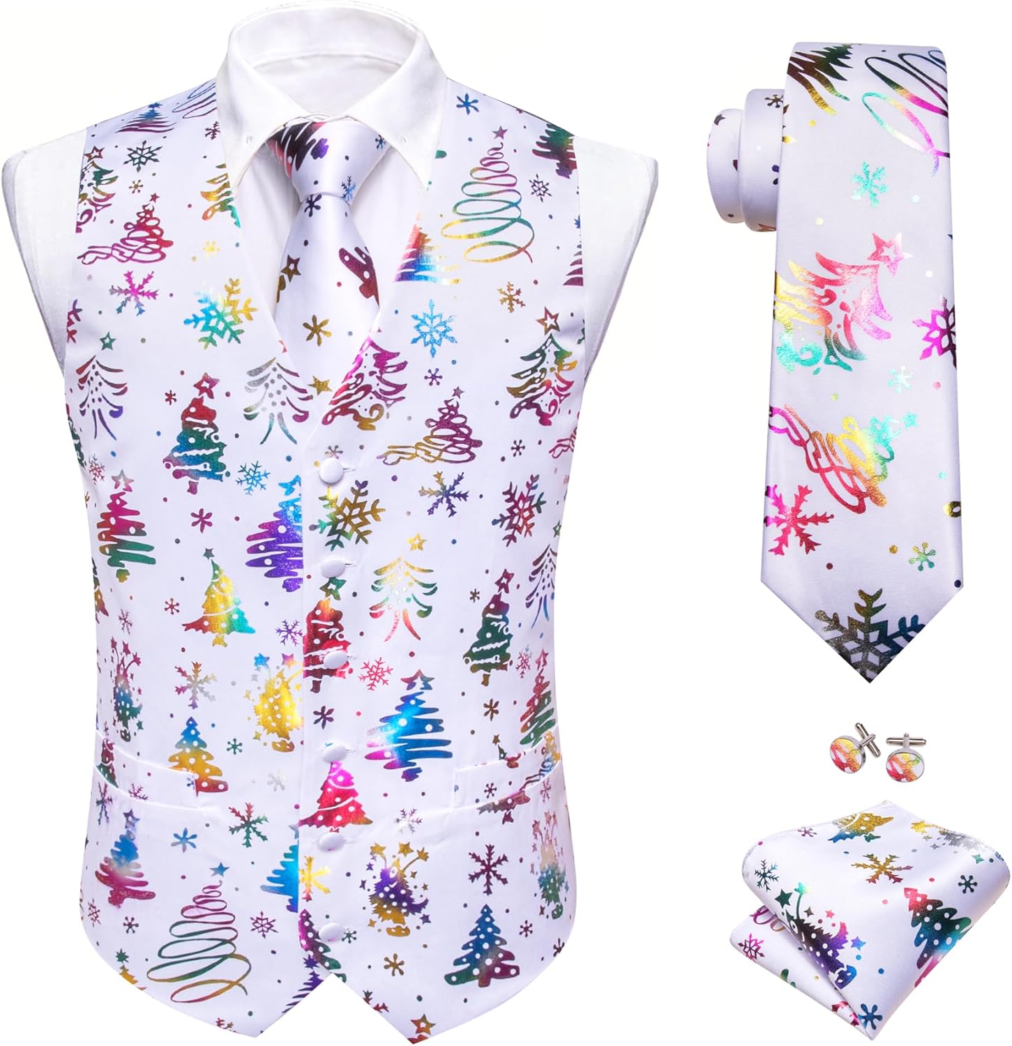 Barry.Wang Mens Silk Lapel/Shawl Collar Vest Tie Sleeve Holder Set Formal/Casual Paisley Vests Wedding Tuxedo Waistcoat White Xmas Tree Tj New XX-Large