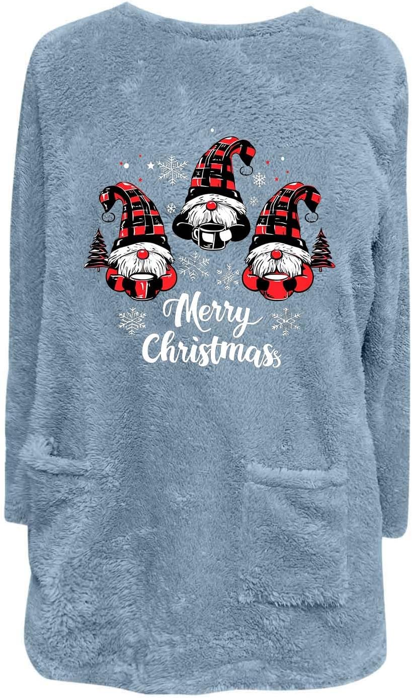 Womens Fleece Christmas Sweatshirts Sherpa Lined Pullover Cute Gnome Graphic Winter Sweater Top Soft Warm Loungewear