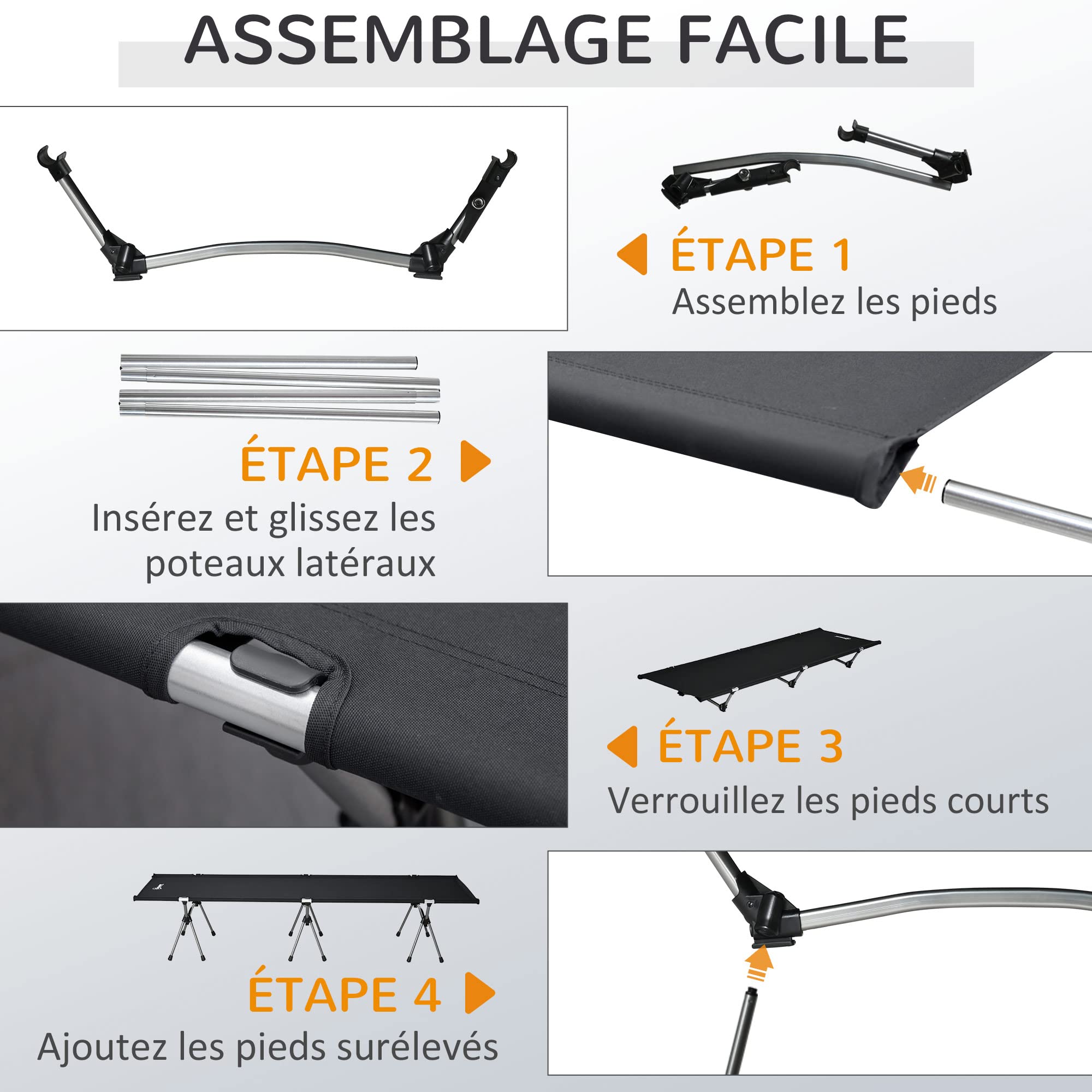 Outsunny Lit de Camp Pliable Portable lit d'appoint avec Sac de Transport Hauteur réglable châssis démontables Structure Aluminium léger Stable Tissu Oxford 600D 190 x 65 x 38 cm Noir