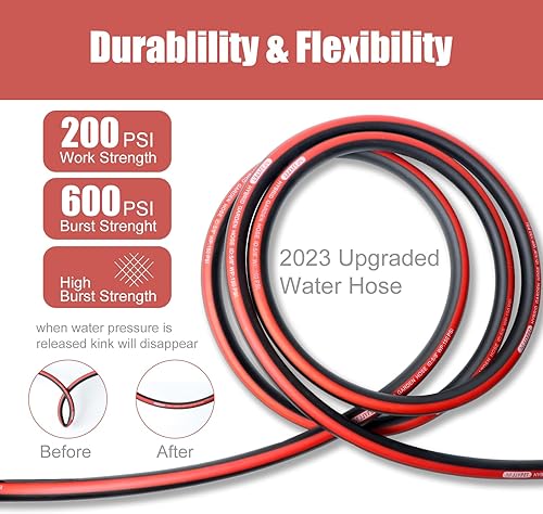 Miniatura 5 de Manguera de jardín sin torceduras de 58 pulgadas x 75 pies, manguera de agua de goma flexible machohembra, 34 pulgadas, accesorios de latón macizo