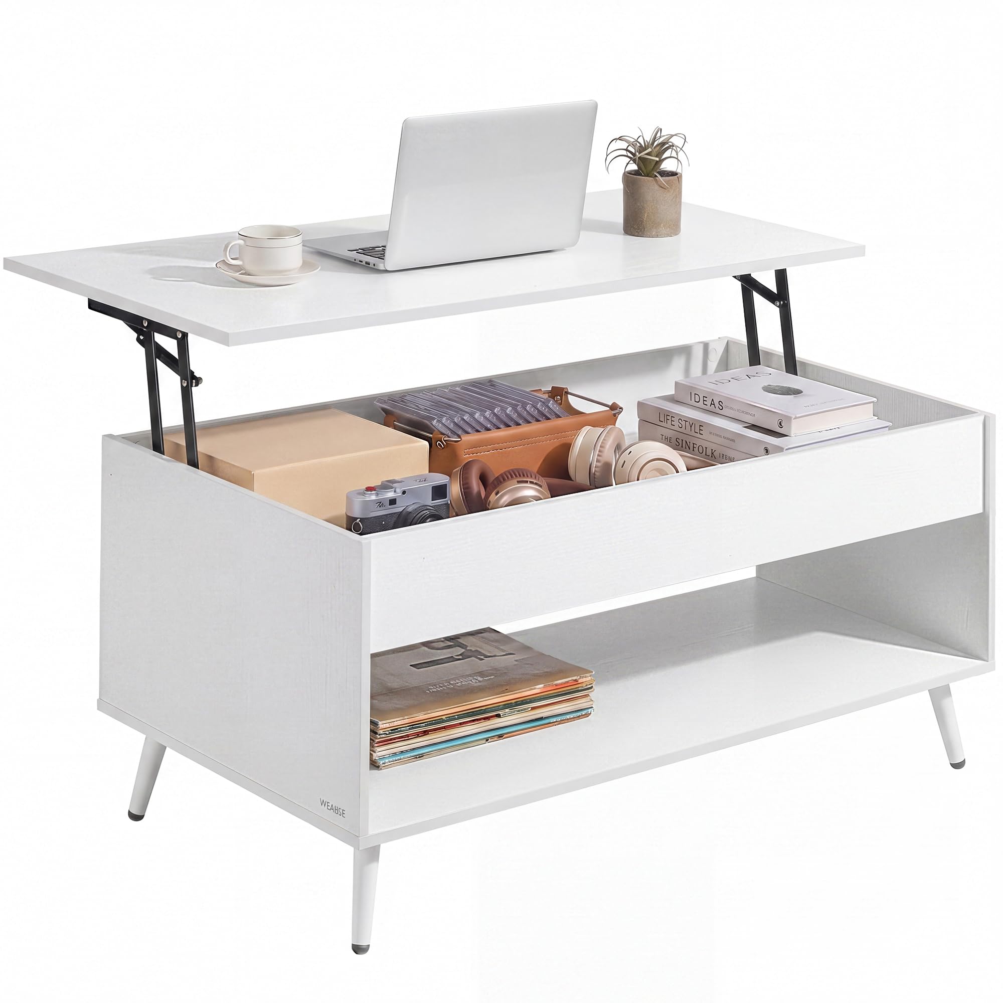 VASAGLE Tavolino da Salotto, Tavolino da Caffè con Piano Sollevabile, Molla a Gas, Vano Nascosto, Ripiano Aperto, Soggiorno Ufficio Sala da Pranzo, Bianco Neve e Bianco Opaco LCT267WE01