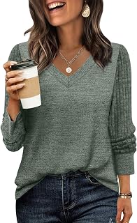 Sleeve Patchwork Shirts for Women Loose Fit V Neck Fall Outfits 2025 Trendy Sweaters Casual Tunic Tops
