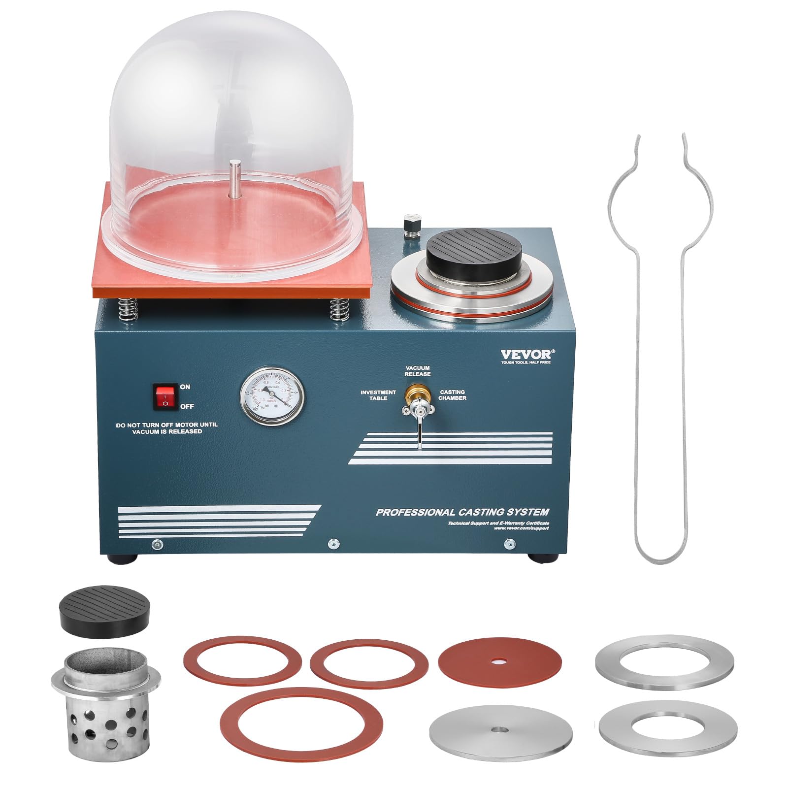 VEVOR Vacuum Investing Casting Machine, 290W Power, with 3 CFM Pump and Bell Jar, Convenient Oil Injection Port, Precision Pressure Gauge, 11 x 11 in Workbench, Casting Machine for Jewelry and Metal