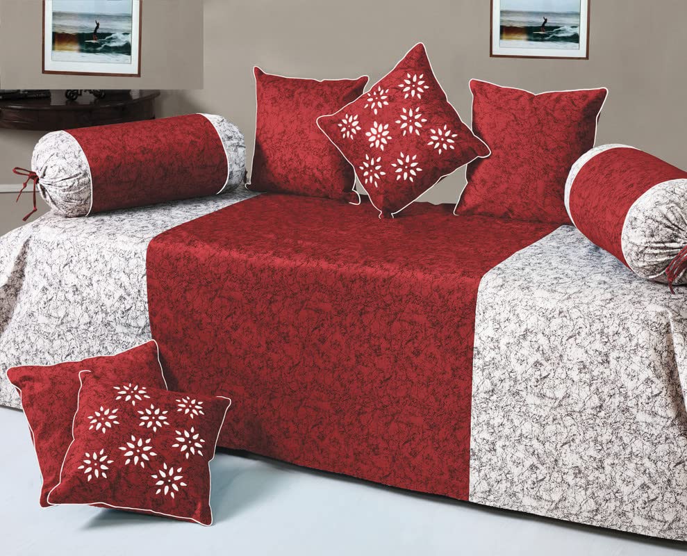 Image of Home Sajja Premium Velvet 1 Diwan Sheet, 2 Bloster with Dori, 5 Cushions Cover, Size- 60 x 90, Colour-Red & White