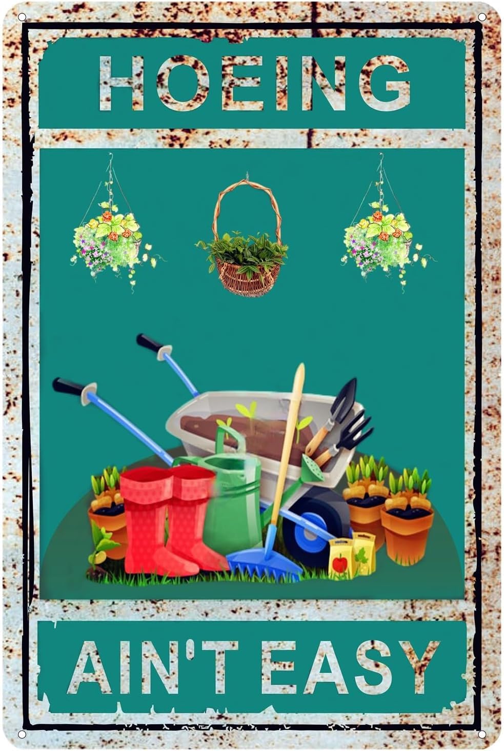 SMAZDFXX Funny Garden Signs Hoeing Ain't Easy Metal Sign Decor Gardening for Women Lovers Gardener Vintage Home Yard Outdoor Indoor Use 5.5"x8"