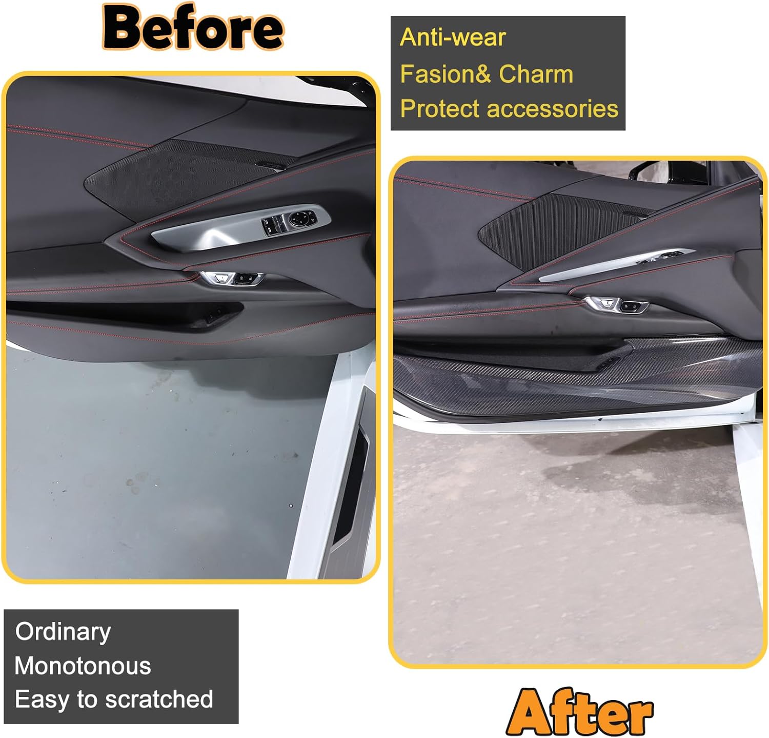 Carbon Fiber Car Interior Door Panel Trim Anti Kick Kit Compatible with Corvette C8 Stingray 2020 2021 2022 2023 Interior Decoration C8 Accessories (Black Carbon)