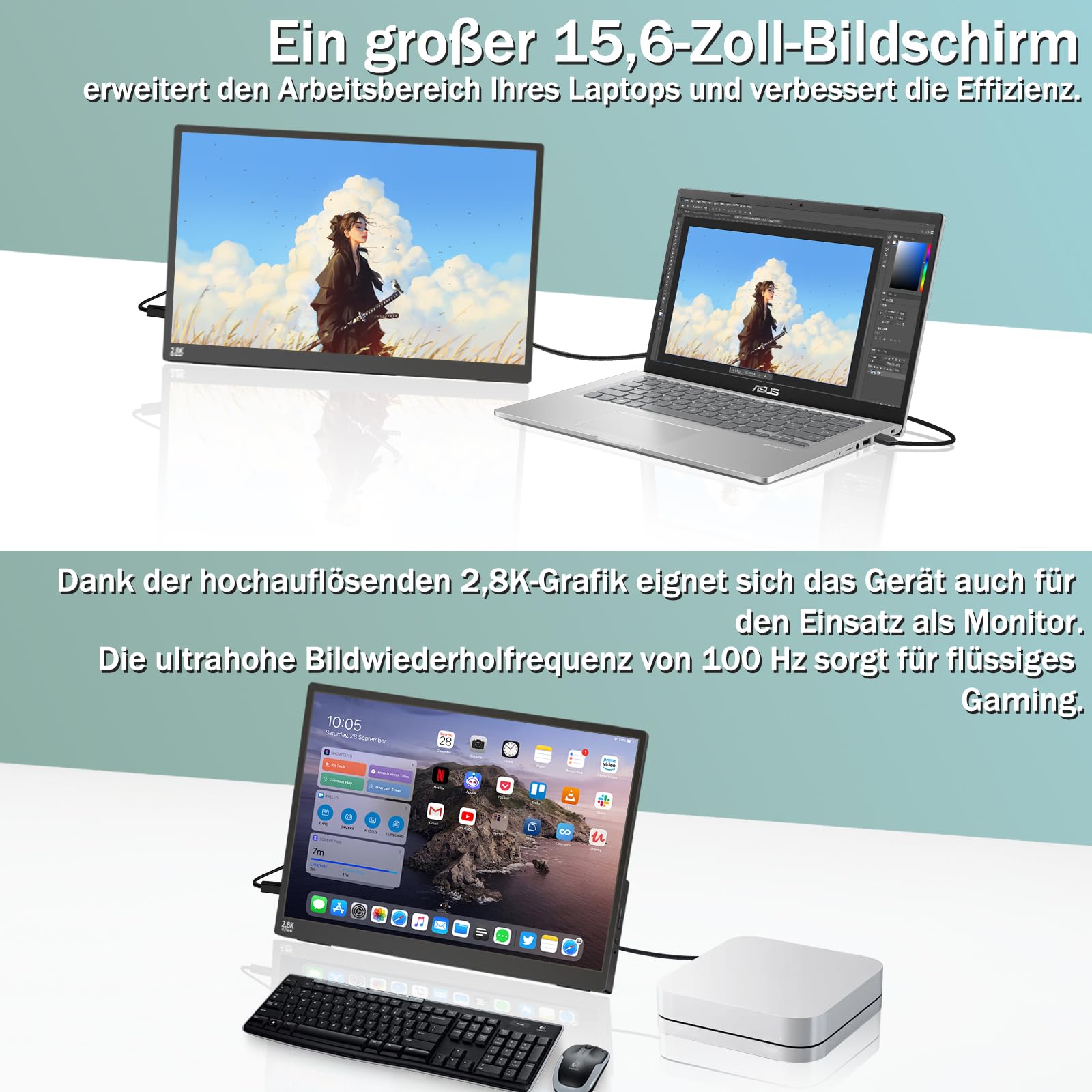 15,6 Zoll 2,5K Touchscreen Monitor,FHD 2880x1620 IPS 100Hz 16:9,10-Punkt-Touch Portable Monitor with 100%sRGB,Ultradünn Erweiterter Tragbarer Monitor für Laptops/PCs/Smartphone/Macs/Xbox/PS5