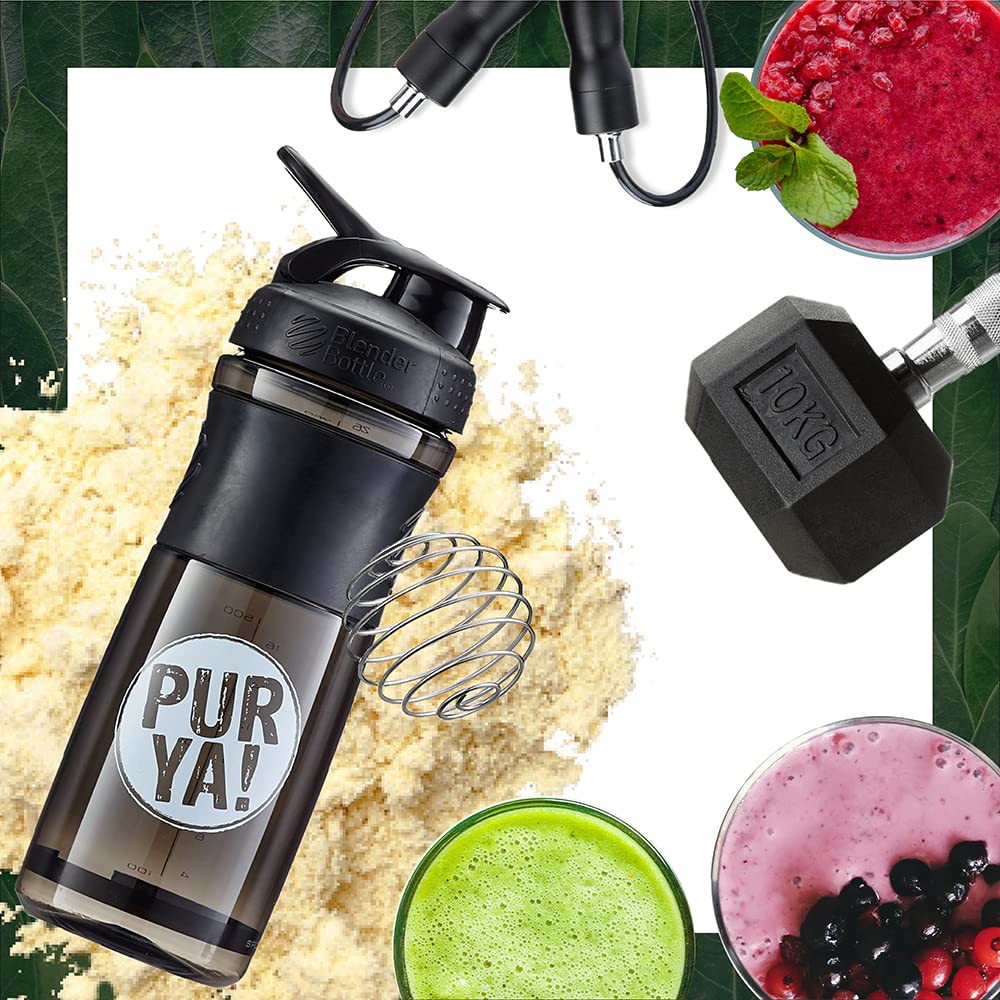 PURYA! SHAKER, borraccia fitness per frullati proteici e bevande, miscelazione ottimale grazie alla sfera a spirale, senza BPA e infrangibile, Nero, 828ml