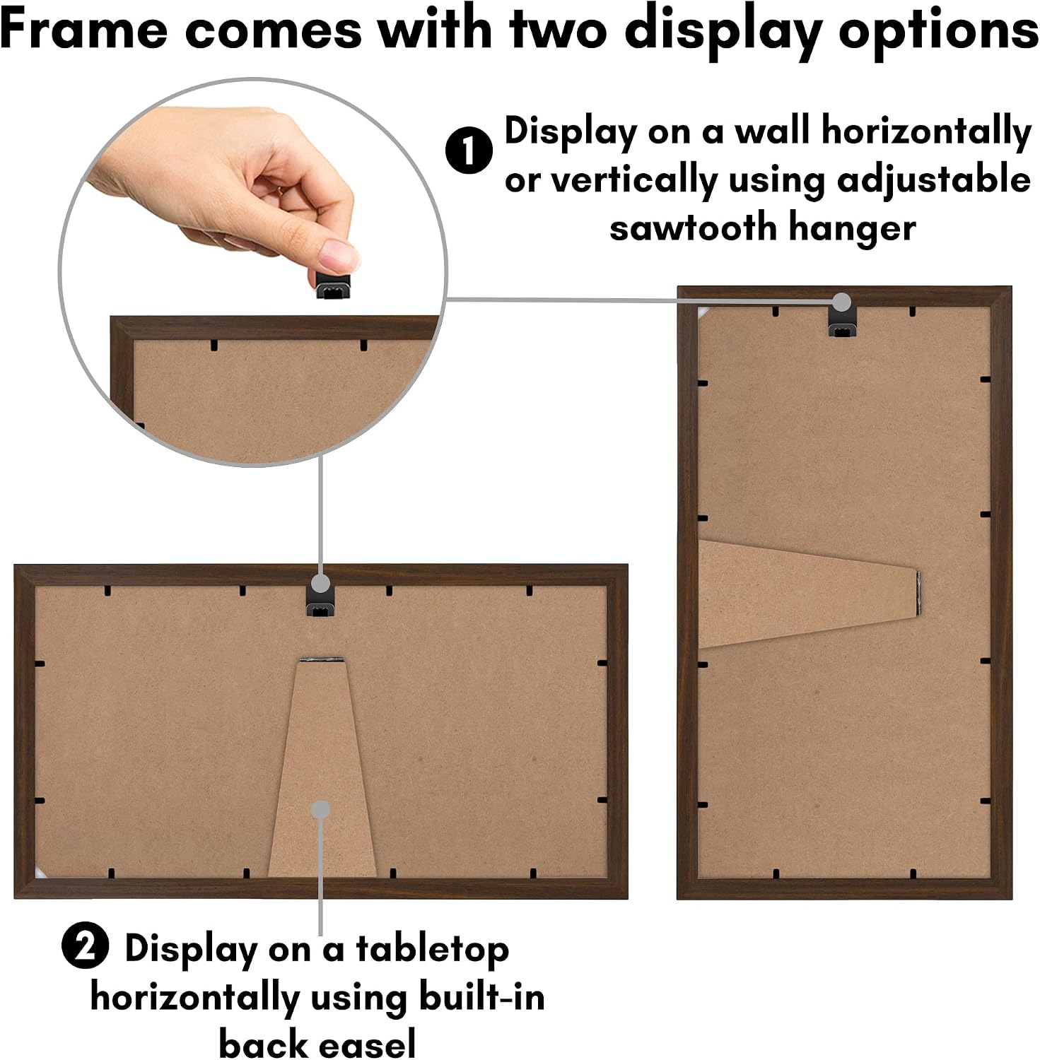 Americanflat 8x14 Collage Picture Frame in Walnut - Displays Three 4x6 Frame Openings - Engineered Wood Panoramic Picture Frame with Shatter Resistant Glass, Hanging Hardware, and Easel