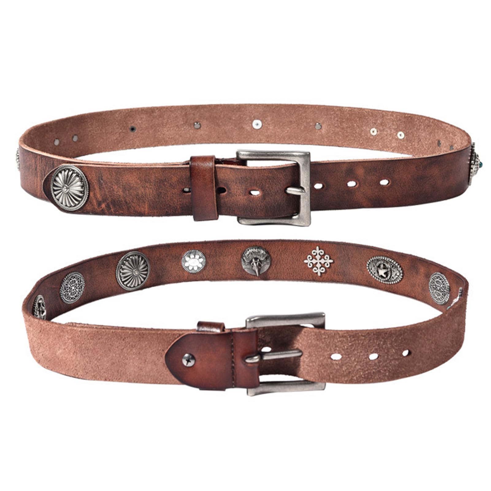 Punk Nietengürtel Ledergürtel Handgemachter Prägung Blumenniete in Kreisförmiger Anordnung Western Gürtel Rechteckige Schnalle Für Jeanshosen(125cm/waist:43", Brown)