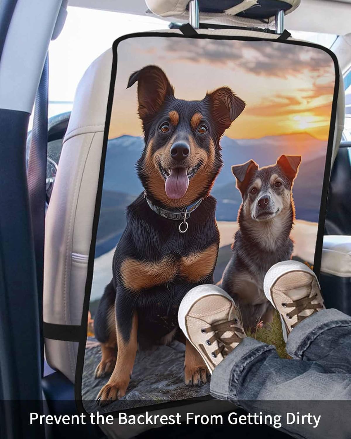 T&H XHome Car Seat Protector, 2 Pack Kick Mats Back Seat Protector Cute Dog on Mountains Blue Sky Flowers Waterproof Backseat Cover for Kids Universal Fit Automotive Interior Protectors