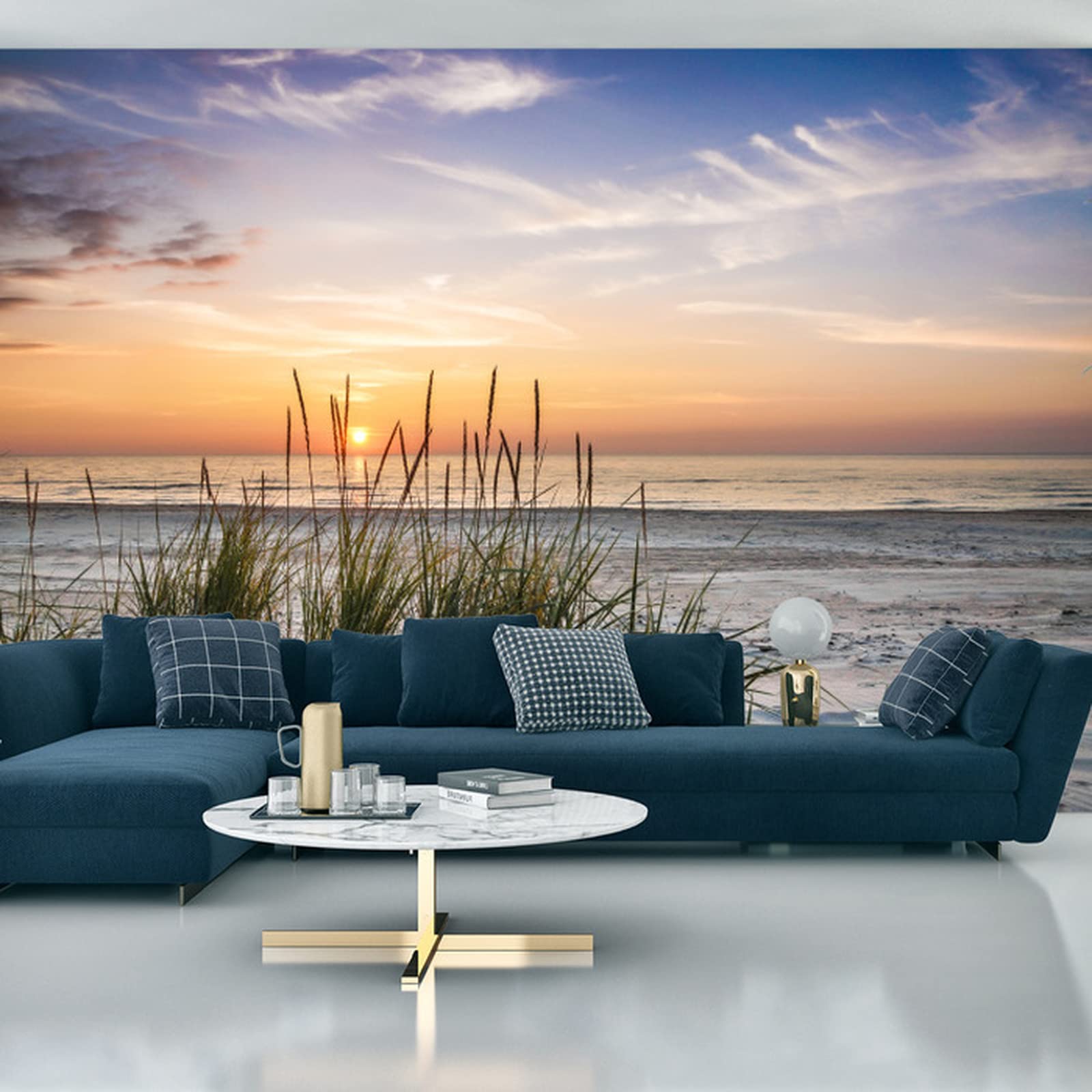 Muralo Fototapete Selbstklebend Vlies Meer, Strand, Dünen - 312x219 cm | Moderne Tapete, Sonnenuntergang - ideal für Wohnzimmer und Schlafzimmer, Schlafzimmer und Büro