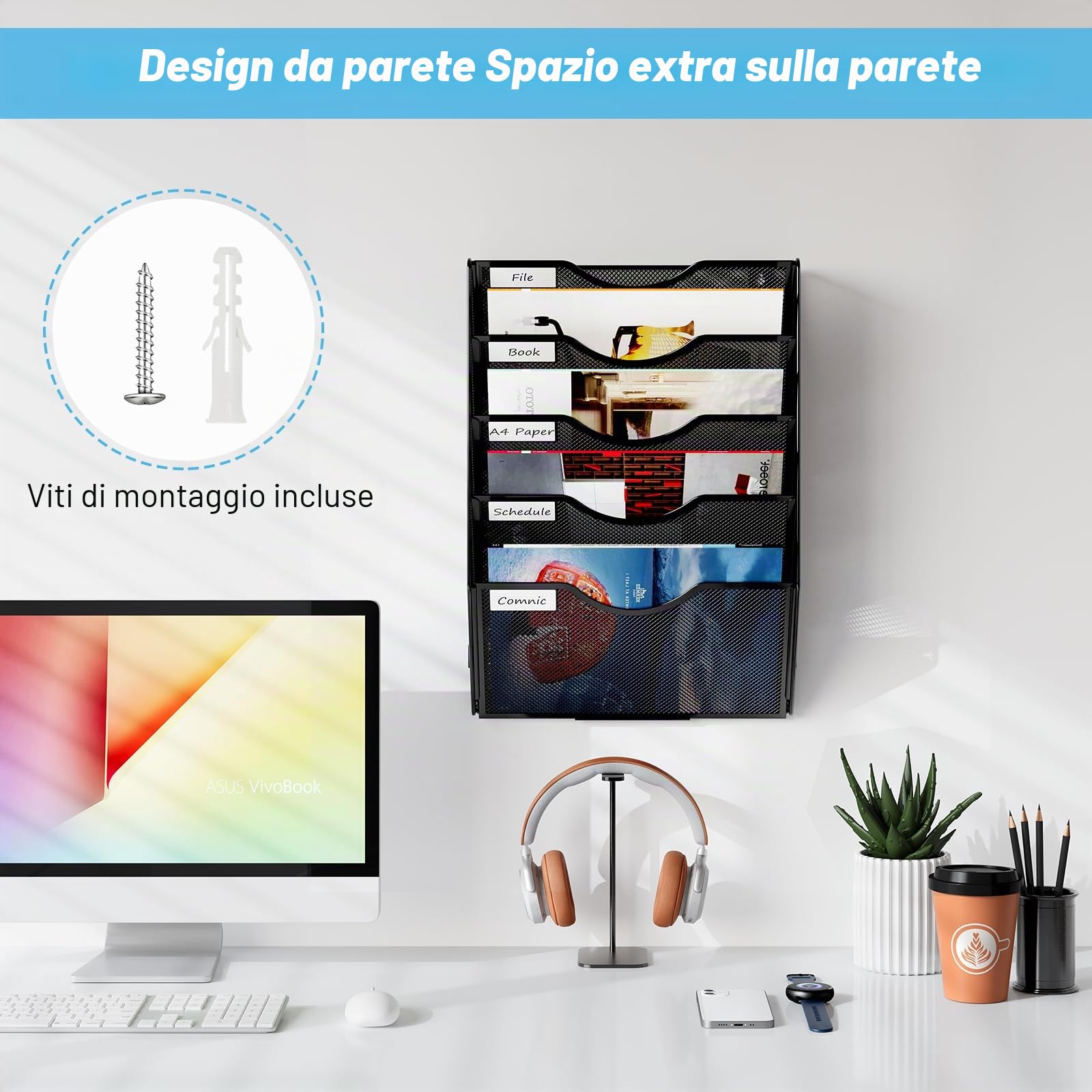 Organizer Documenti da Parete 5 Livelli con Portariviste A4 - Metallo Schedario Ufficio Multifunzione, Portabrochure per Casa e Scuola - Nero