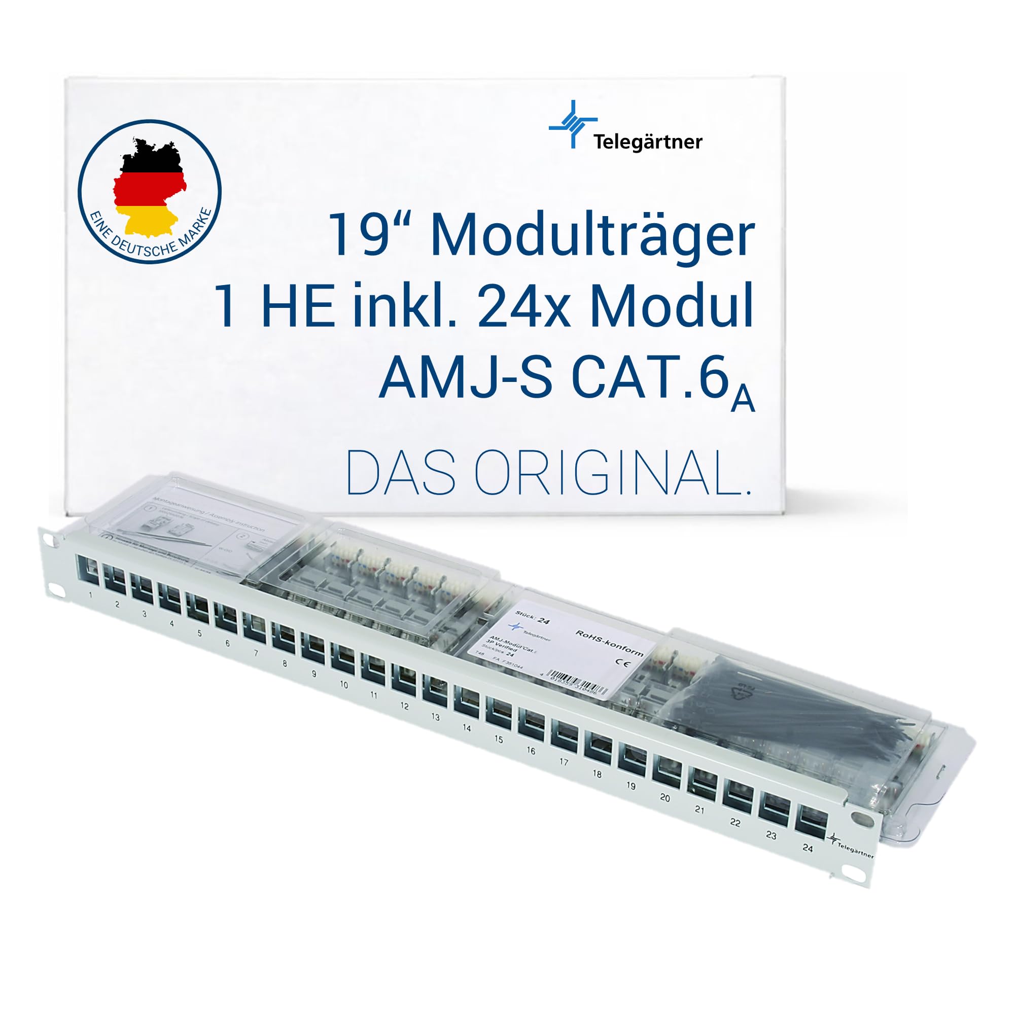 Telegärtner 19 Zoll Modulträger 1HE inkl 24x AMJ-S Cat.6A T568A Module | 19 Zoll Patchpanel 1HE, inkl 24x RJ45 Keystone Modulen, integrierte Kabelabfangung, geerdetes Gehäuse, werkzeuglose Montage